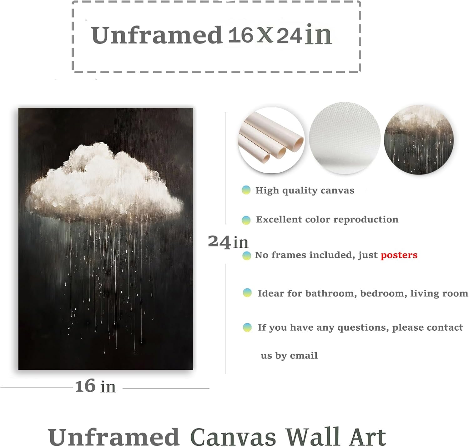 Modern Abstract Canvas Prints Wall Art Vintage Rain Cloud Oil Painting Wall Art White Clouds in The Sky Nature Abstract Minimalist Home Artwork Decoration for Bedroom, Bathroom, Farmhous, Unframed - Image 2