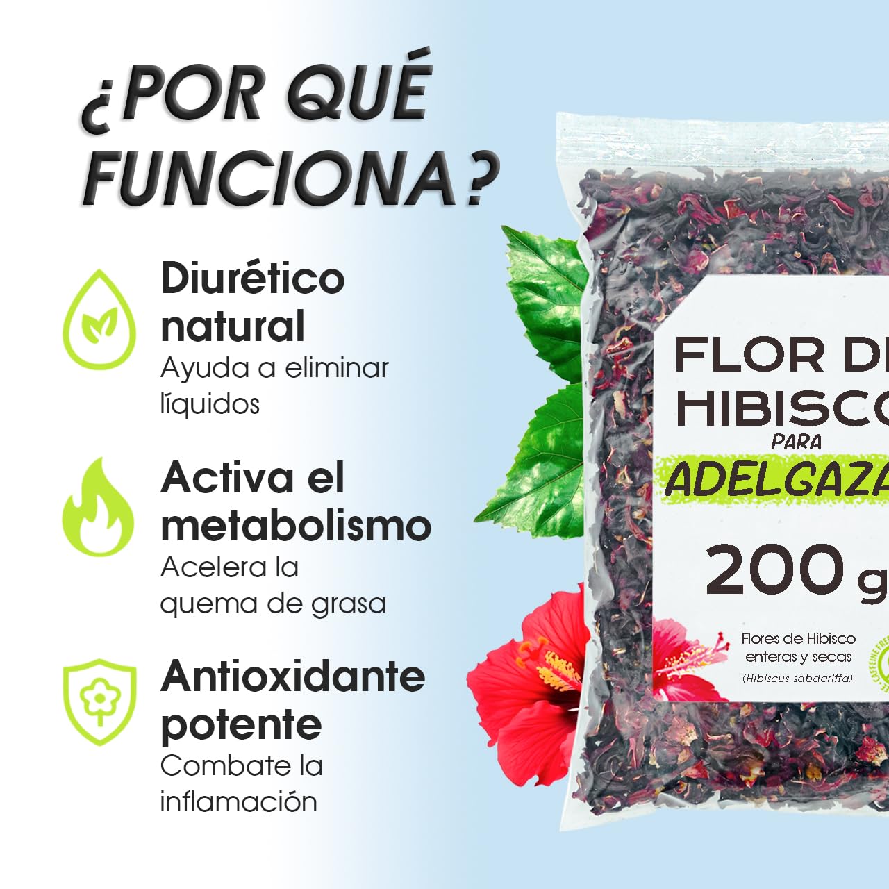 Flor de Jamaica para Adelgazar 200g - Te de Hibisco para Reducir Hinchazon de Barriga - Infusion Antioxidante y Natural para Bajar de Peso - Te Frio Detox para Aliviar Inflamacion — view 2