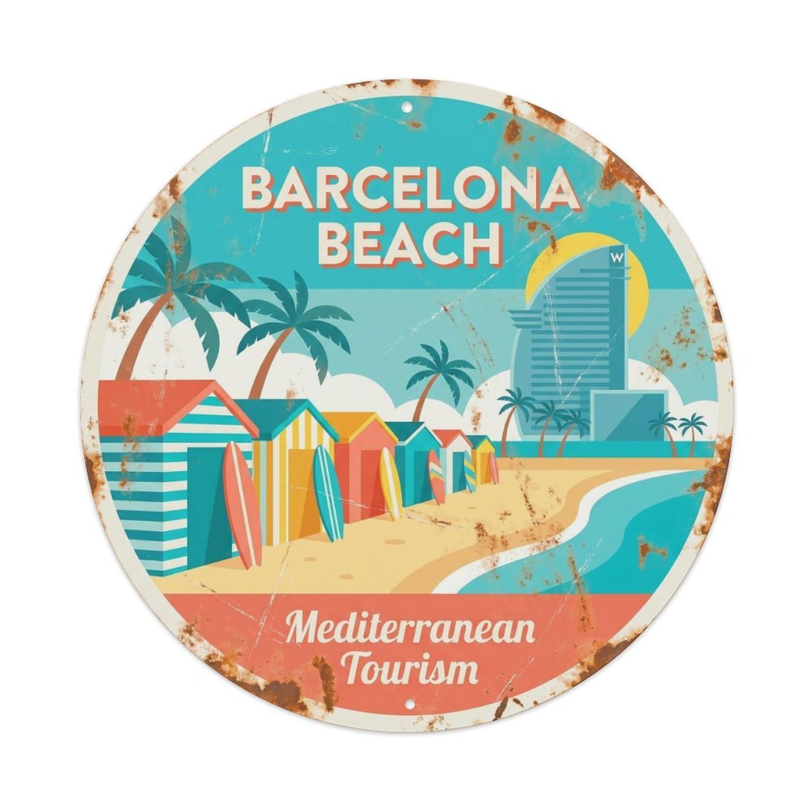Vintage Travel Barcelona Beach Mediterranean Tourism Metal Tin Sign Plaque Wall Decor for Cafe, Club, Garden Round Metal Poster 8x8Inch