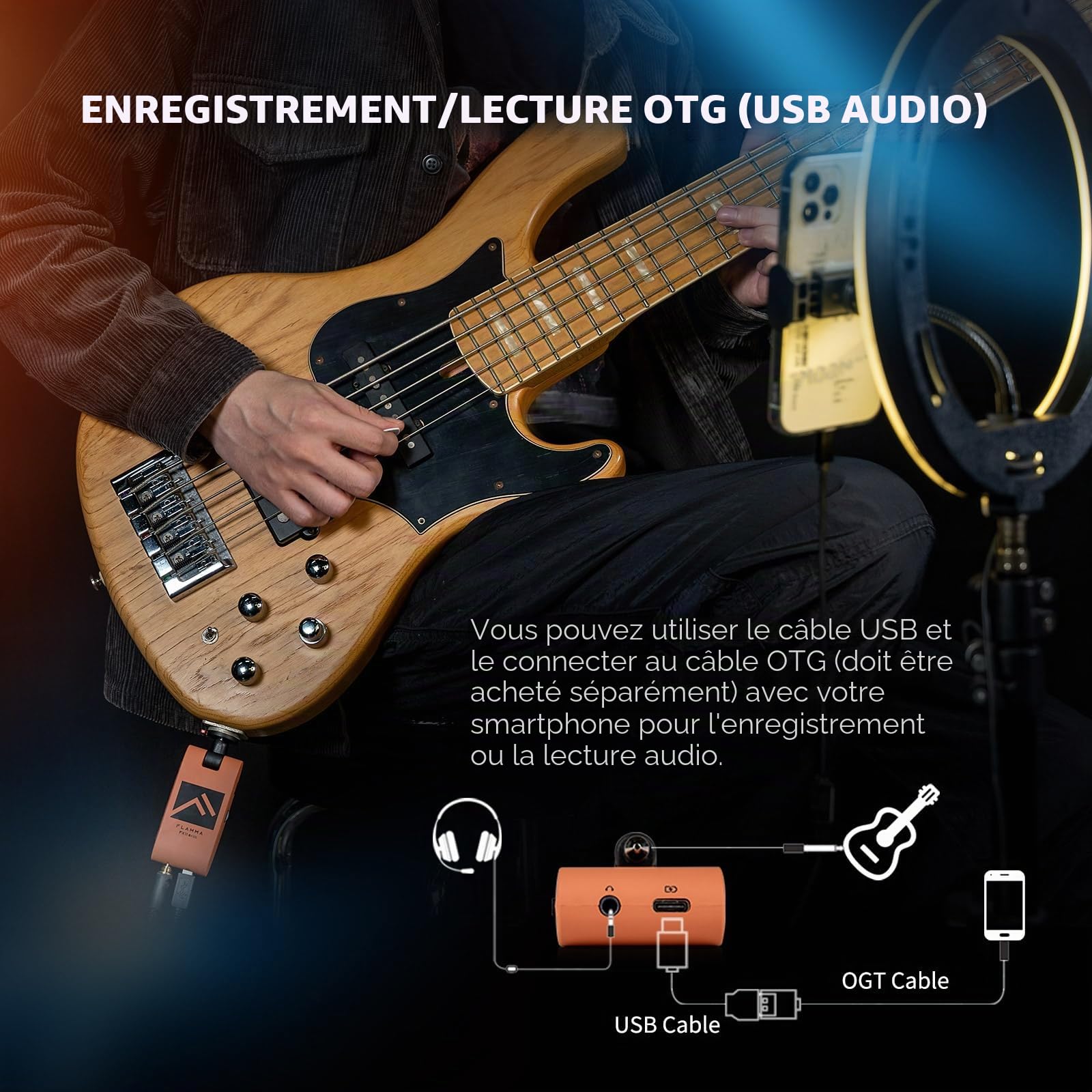 FLAMMA FX11 Amplificateur Casque Basse Portable - 28 Rythmes de Batterie, 7 Modes d'Ampli, 7 Effets Intégrés, 5 Couleurs Sonores - Bluetooth, USB, Enregistrement et Lecture Audio, OTG, Rechargeable‌