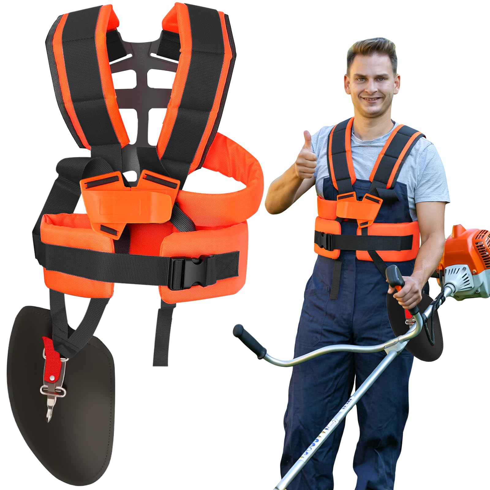 Arnés Doble para Desbrozadora, Correa Ajustable Universal con Acolchado Cómodo para Cortabordes Recortabordes, Tirantes Acolchados de Nylon para Trabajos de Jardinería (Naranja)