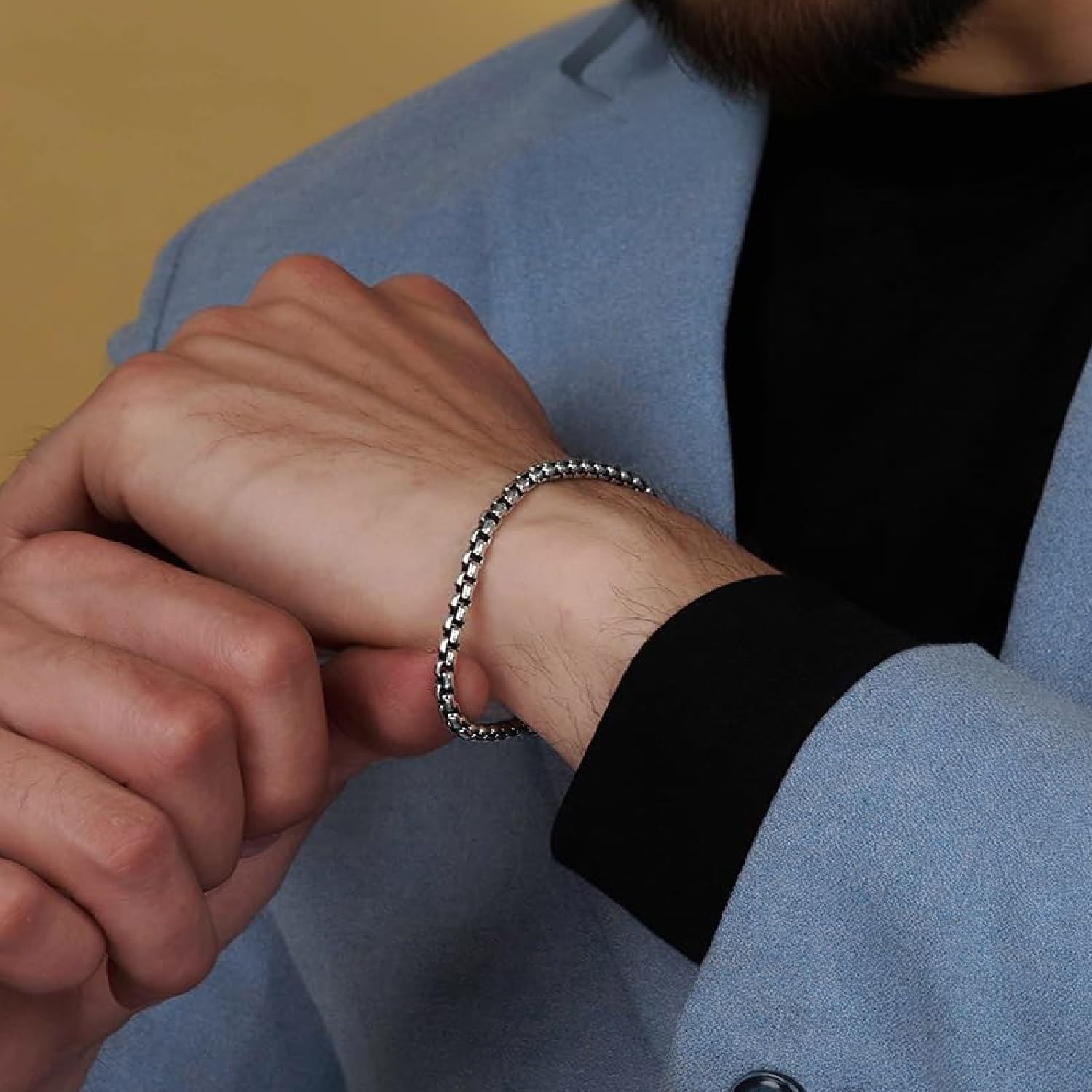 LeCalla Solid 925 Sterling Silver Men's Box Chain Bracelet | Italian Square Rolo Link Round Box Chain Bracelet for Men, Made in Italy (7.5, 8, 8.5, 9 Inches) - Image 3