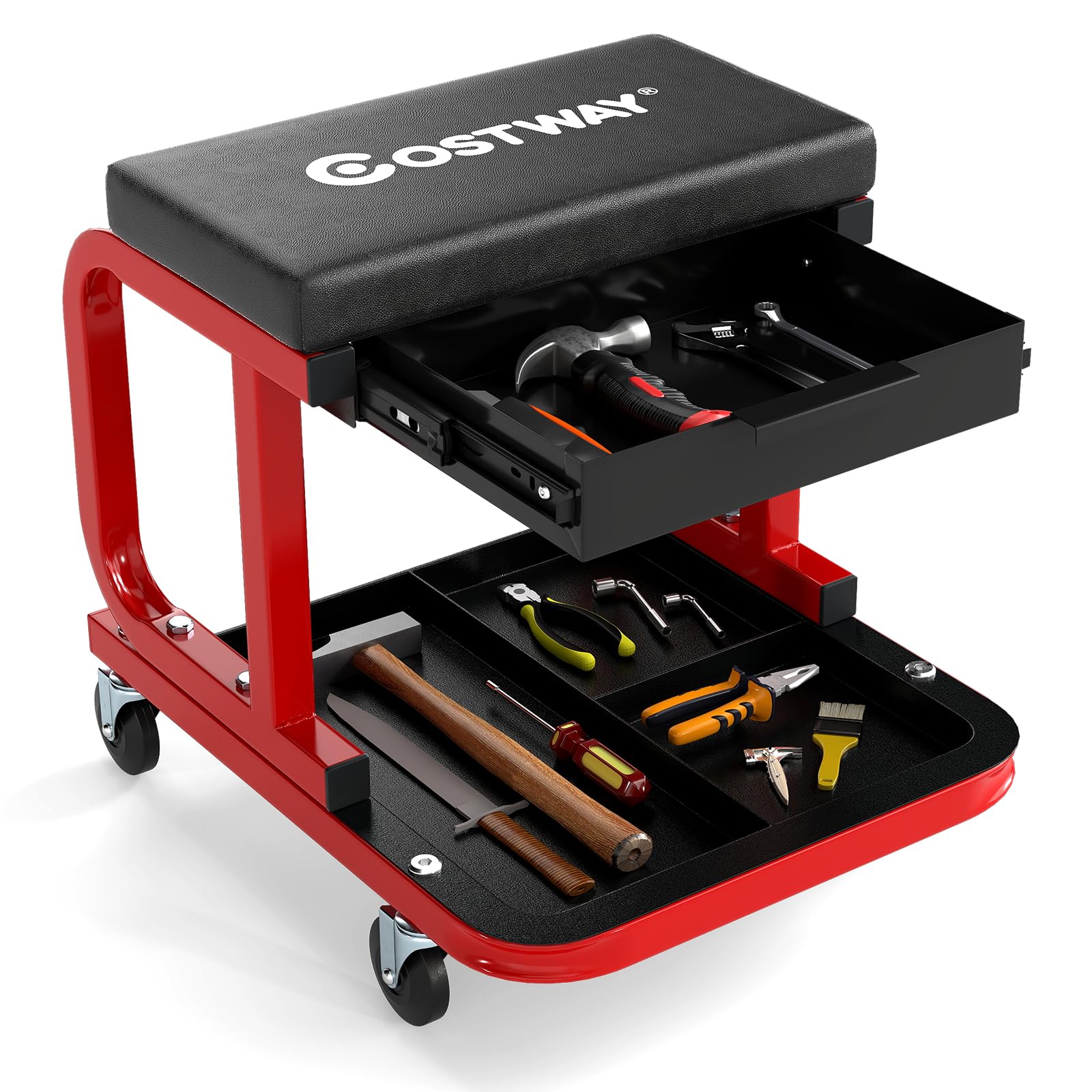 COSTWAY Taburete de Taller con Ruedas, Taburete Mecánico Acolchado con Cajón, Bandeja para Herramientas, Capacidad de Carga de 185 kg, Asiento Giratorio para Garaje, Reparación de Automóviles (Negro)