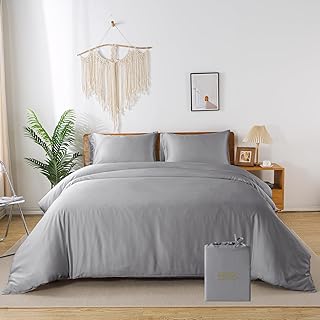Bettwäsche 200x200, 3 Teilig, Grau, Bambus - Vegane Seide, Luxus Bettbezug und Kissenbezüge Set, Kühlend, Atmungsaktiv, Weich und Hypoallergen