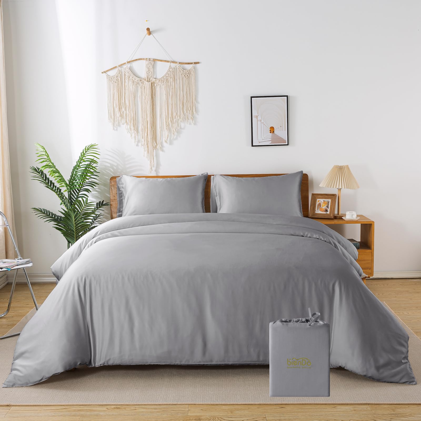 bienDo Bettwäsche 155x220, Grau, Bambus - Vegane Seide, 1 Kissenbezug und Bettbezug Set, Luxus, Weich, Kühlend, Hypoallergen und Atmungsaktiv