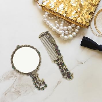 MAGICLULU Vintage Handheld Mirror and Comb Set Compact Portable Makeup Mirror Small Travel Hand with Handle Lightweight for Women and Girls