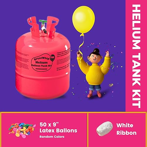 Miniatura 5 de GreatWhip Tanque de helio de 22L hasta 100 globos de látex, tanque de helio para globos en casa, globos de látex y cintas incluidos