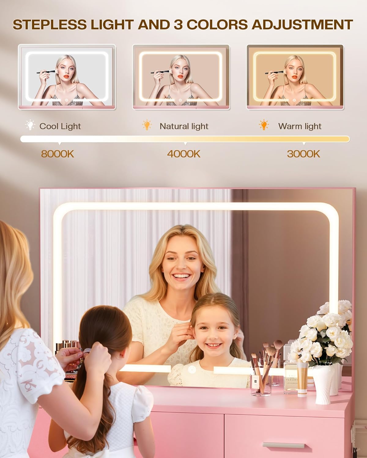 LED mirror showing three light color temperatures: Cool, Natural, and Warm