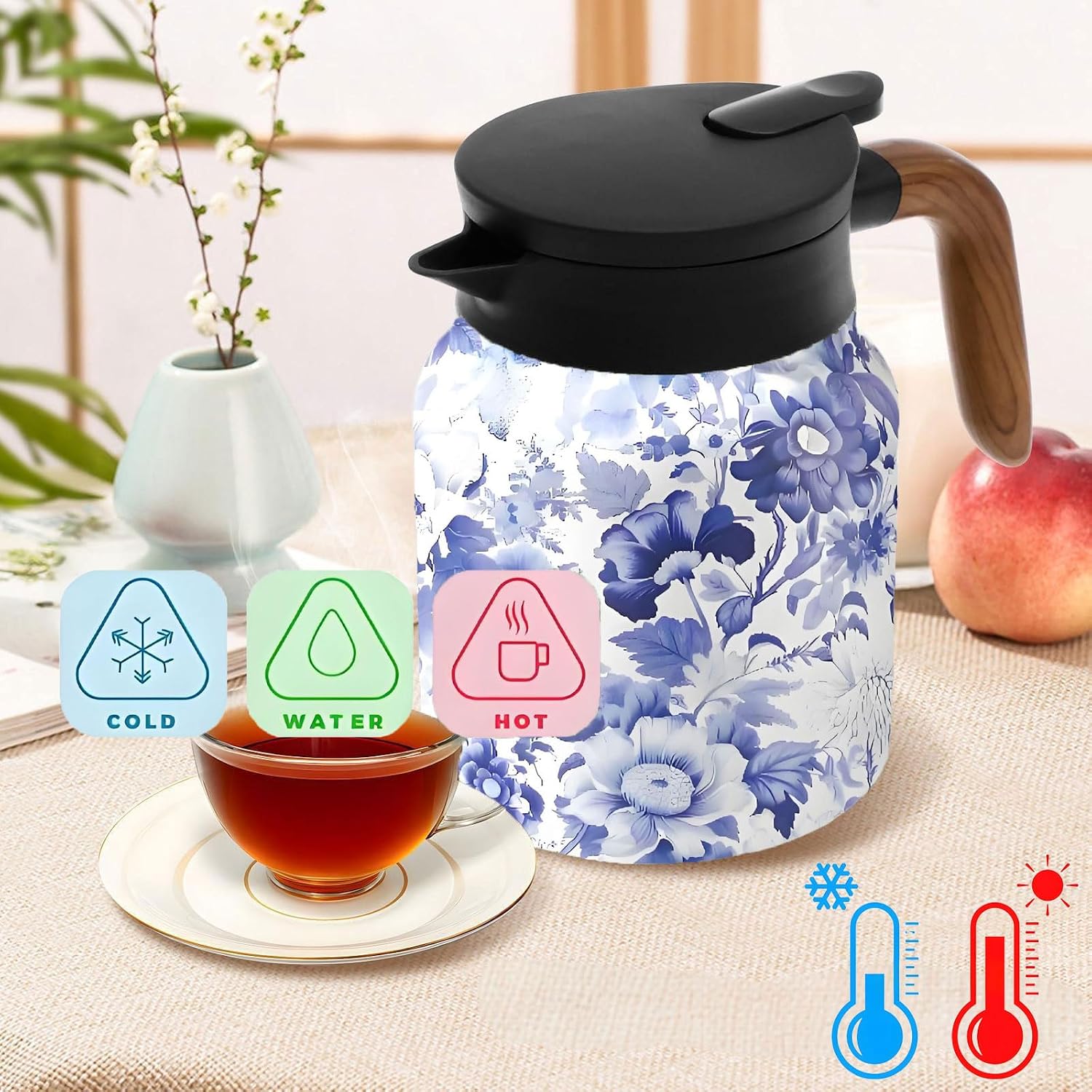 Vintage Pattern Coffee Carafes, 35 Oz/1 Liter - Hot and Cold With Infuser, Perfect for Parties/Home Use(Blue and white porcelain)