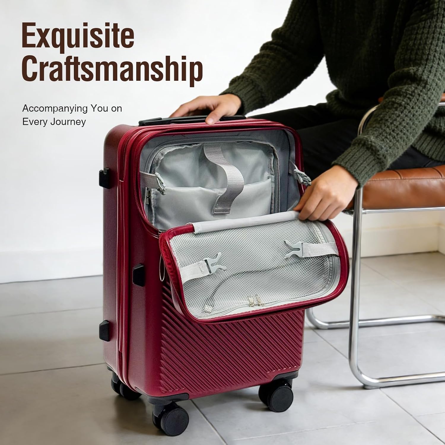 Carry On Luggage with Front Opening Laptop Compartment, Hard Shell PC Suitcase with USB Port, Cup Holder, Silent 360° Wheels, TSA Lock (Wine Red, 20 inches)