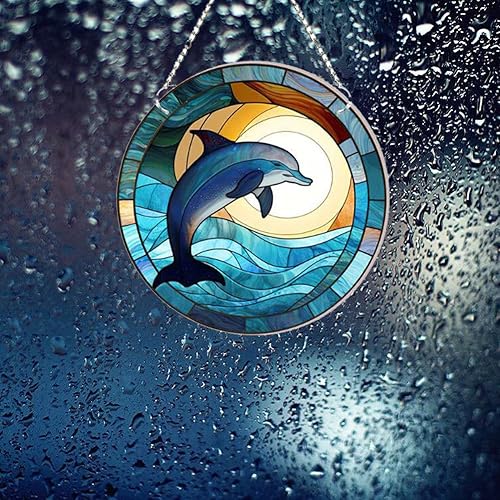 Miniatura 4 de WQVSHRO Adorno acrílico teñido de delfín para colgar en la ventana, decoración temática del océano para colgar con cadena, panel decorativo de pared