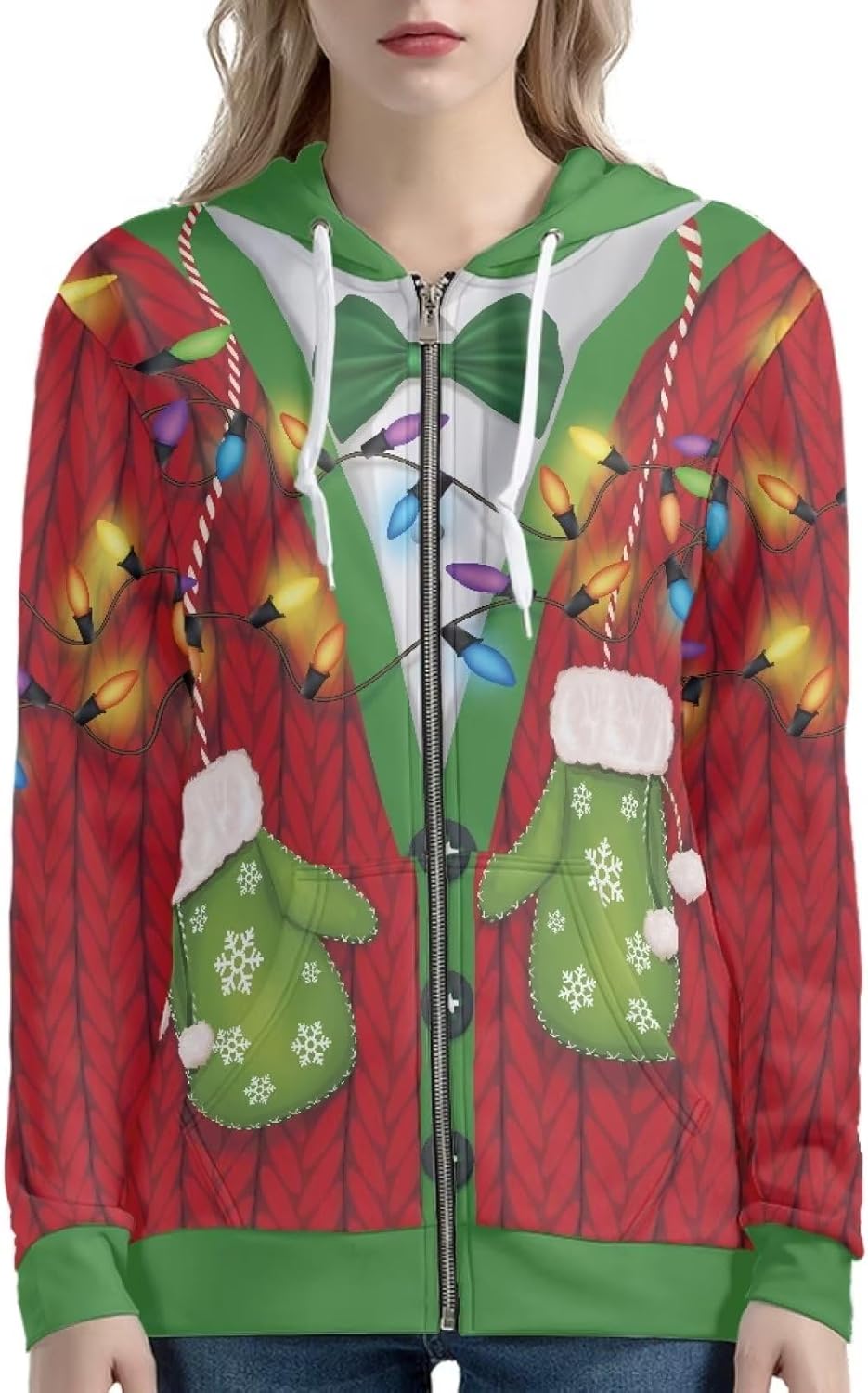Yewattles Novelty Christmas Full Zipper Women Hoodies Girl Plush Pullover Top Long Sleeve Tracksuit for Party Hiking Running Cycling Leisure