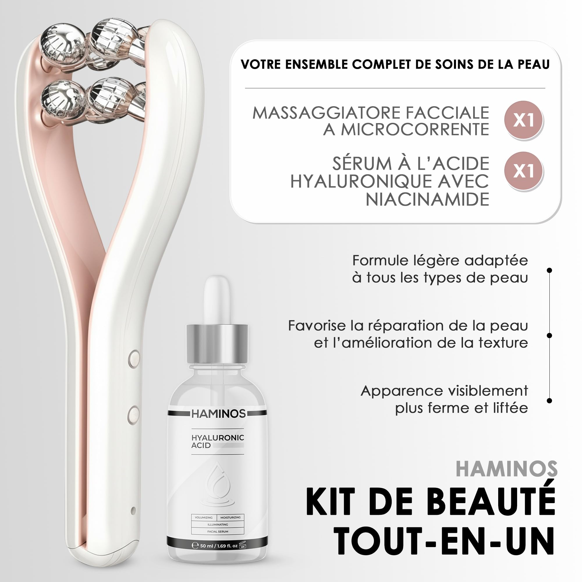 Masseur Visage Microcourant avec Roller 3D, 3 Niveaux d’Intensité, Appareil Massage Visage pour Lifting, Contour du Visage, Cou, Bras et Jambes, UTILISATION OBLIGATOIRE AVEC LE SÉRUM