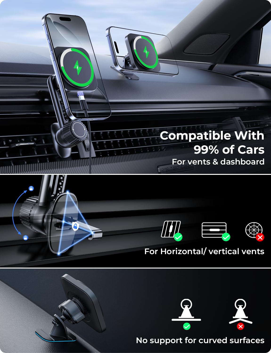 15W Chargeur Voiture pour Magsafe, Support Téléphone Magnétique Voiture Inductio, 360° Réglable Chargeur Telephone Automobile Magnétique sans Fil pour iPhone 17 16 15 14 13 12 Pro/Max/Air