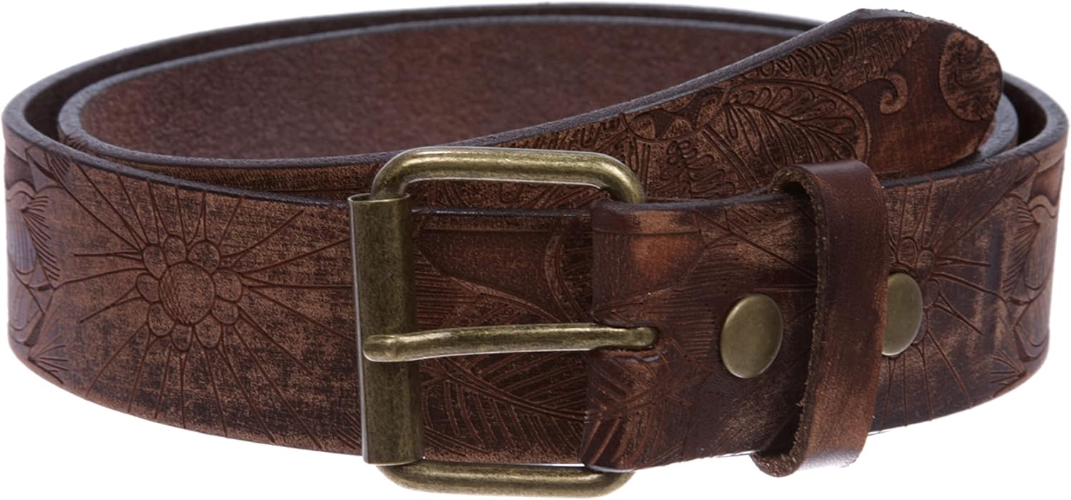 1 1/2" Snap On Soft Hand Floral Engraving Embossed Full Grain Leather Belt