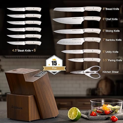 Miniatura 6 de Astercook Juego de cuchillos de cocina con bloque y afilador doble, 15 cuchillos de acero inoxidable alemán aptos para lavavajillas, juego de
