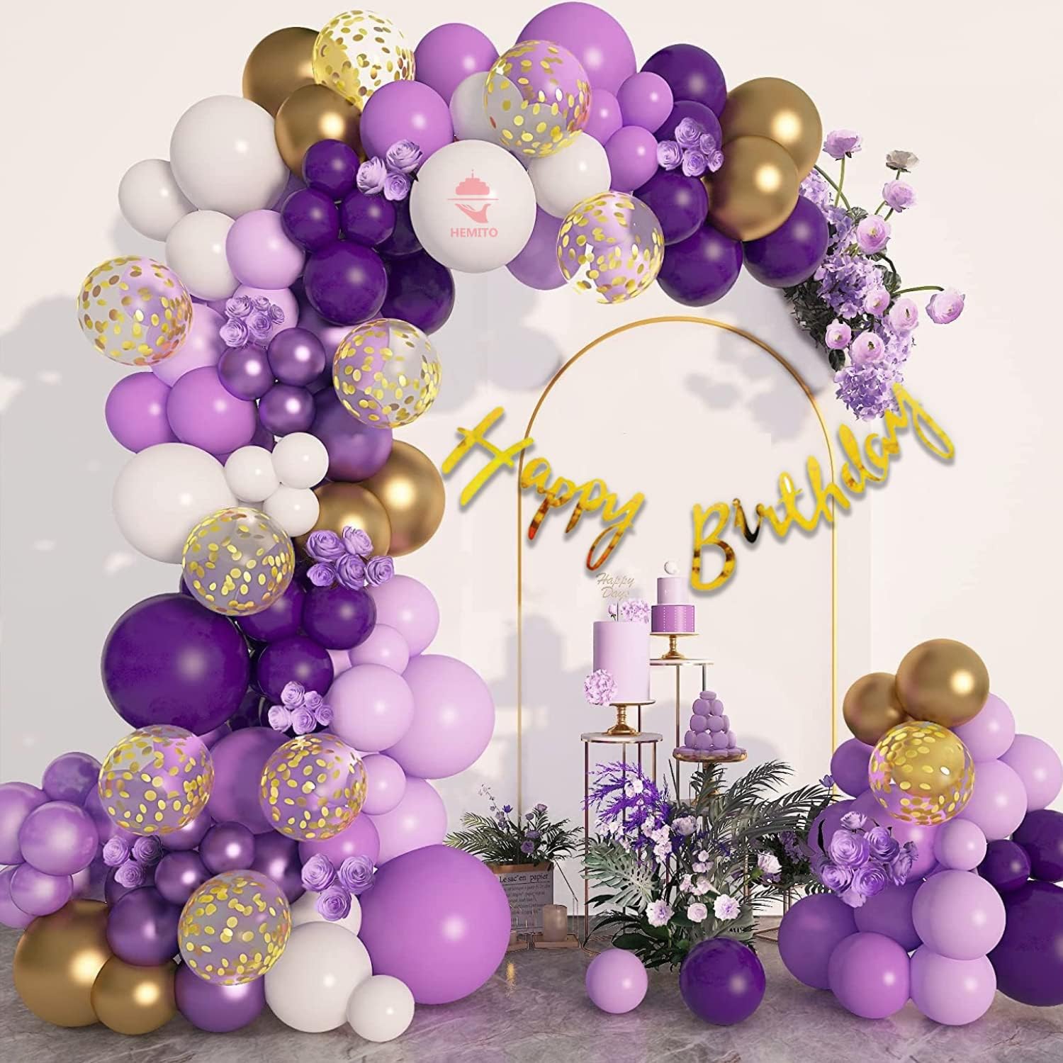 Hemito 55 Pieces Birthday Decoration item Paper Birthday Banner Metallic Pastel Balloons Confetti Chrome Balloons with Glue Dot Roll Arch Roll and Hook| Happy Birthday Decorations combo (Purple White)