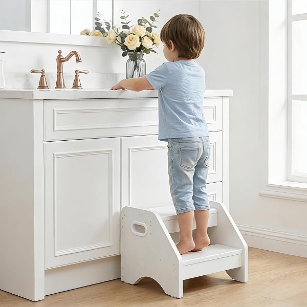 HOOBRO Scaletta a 2 Gradini Bambini, Sgabello Bambini con Maniglie e Tappetini Antiscivolo, Scaletta Bambini in Legno per 3-8 Anni, Portata 30 kg, per Cameretta, Soggiorno, Cucina, Bianco EWT28JD01 - 4