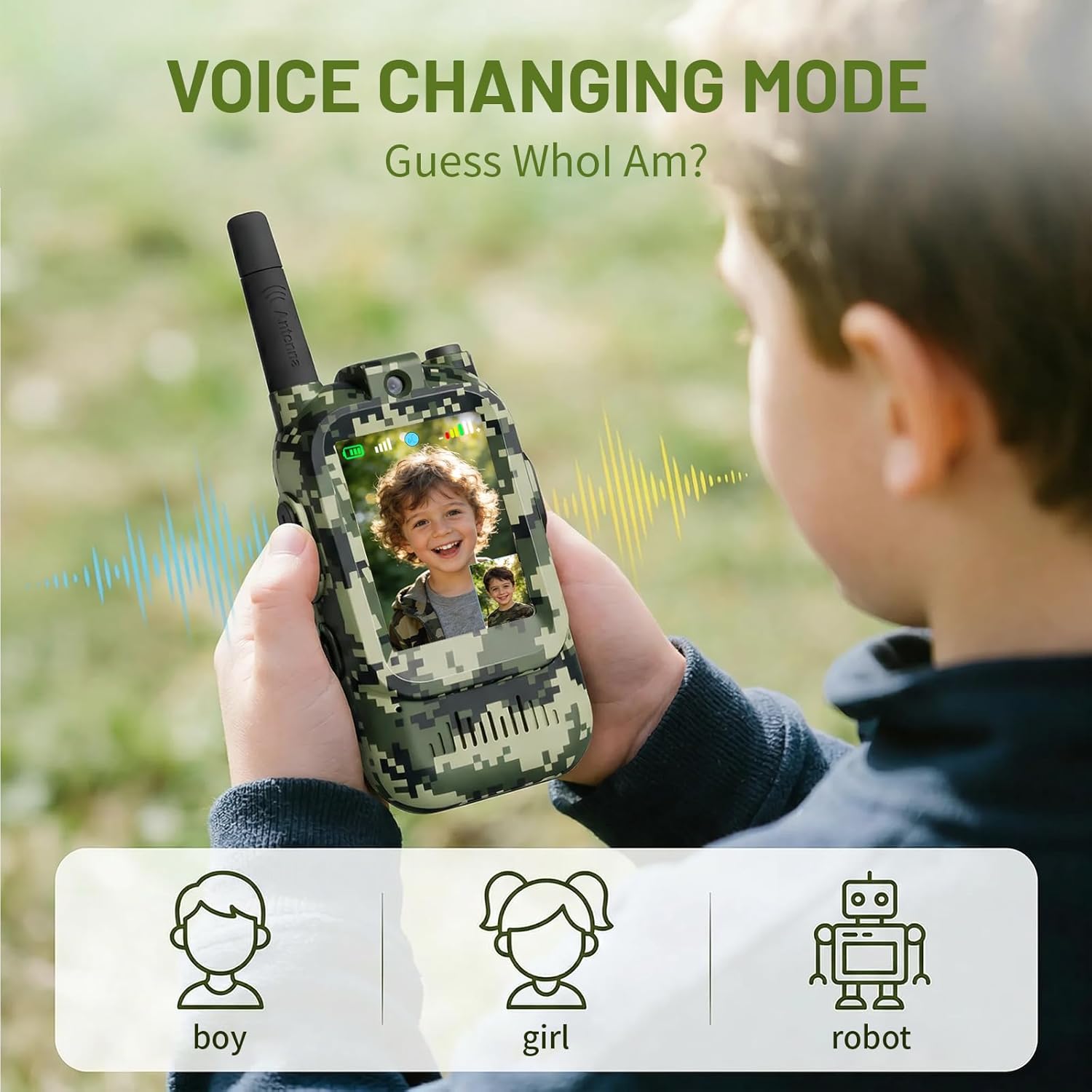 Video Walkie Talkies for Kids, 2 Pack Camo 2 Way Radio Toys for 3-12 Year Old Boys, Long Range Handheld Walkie Talkie for Outdoor Adventure Camping Hiking, Best Birthday Gifts