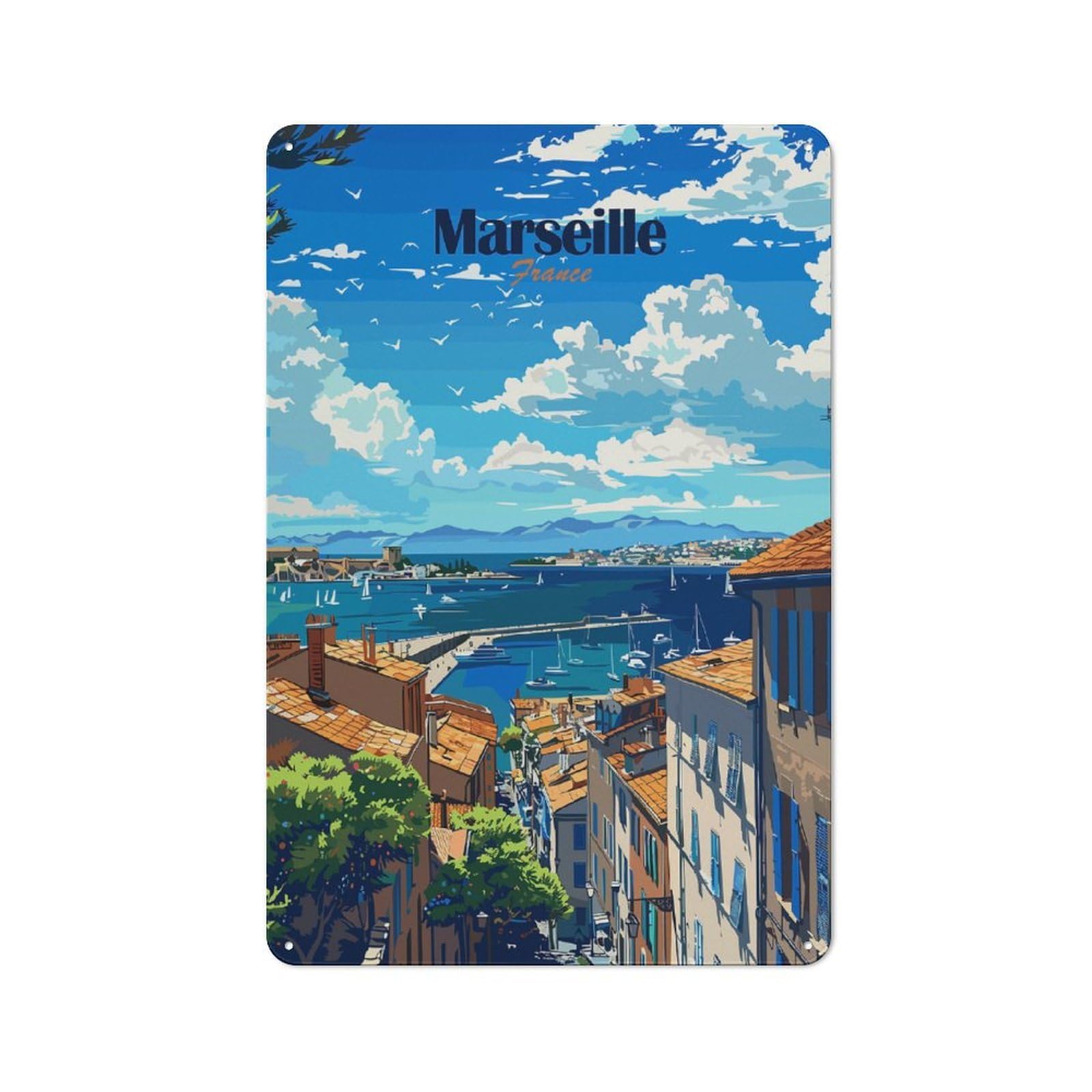 Junmoney Marseille France Travel Retro Tin Sign 30X20cm For Home Office Or Studio, Suited To Home Office Decor Fans