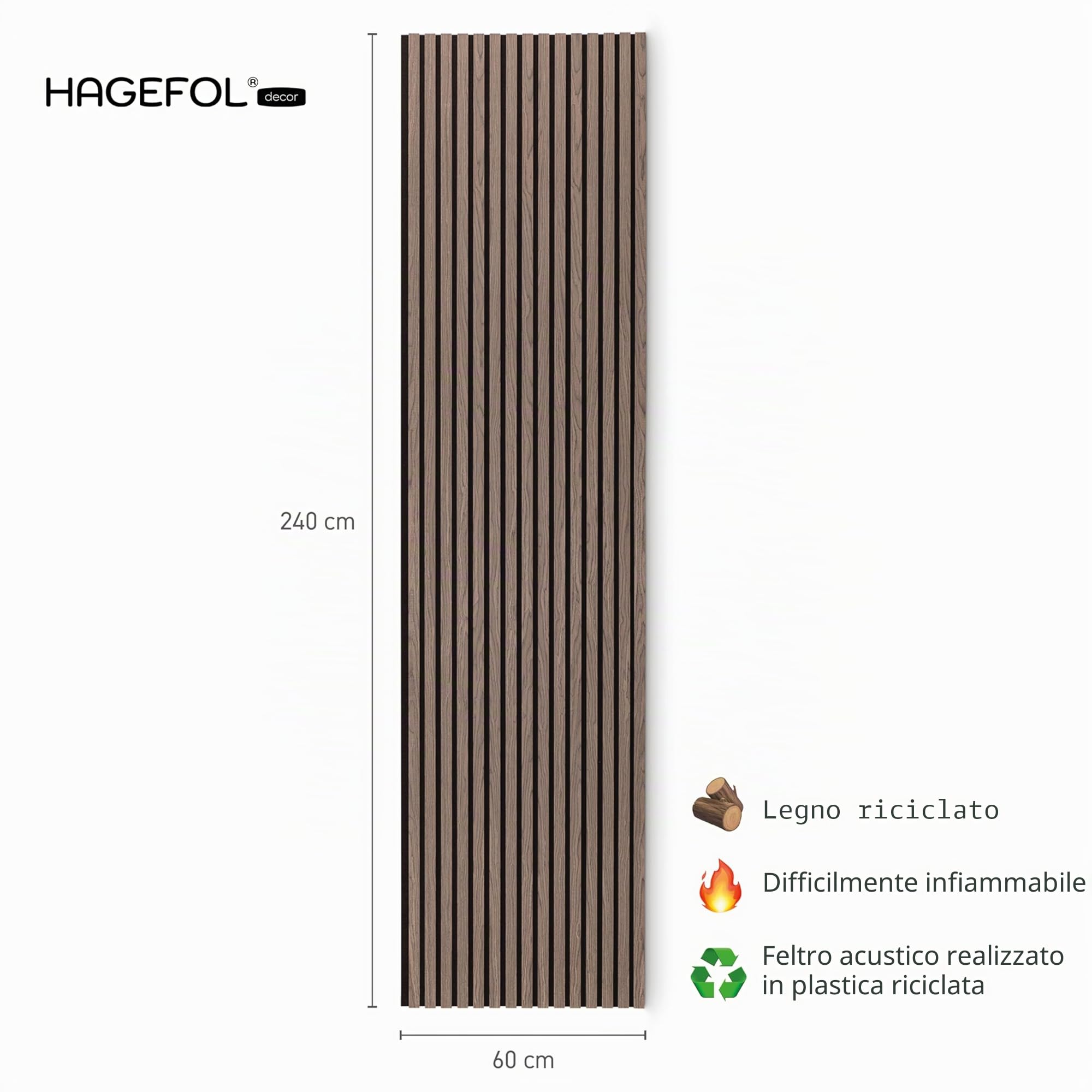 HAGEFOL® pannelli fonoassorbenti legno, 240 x 60 cm, colore: Noce, Pannelli da parete in legno 3D, pannelli acustici, 2400 x 600 mm