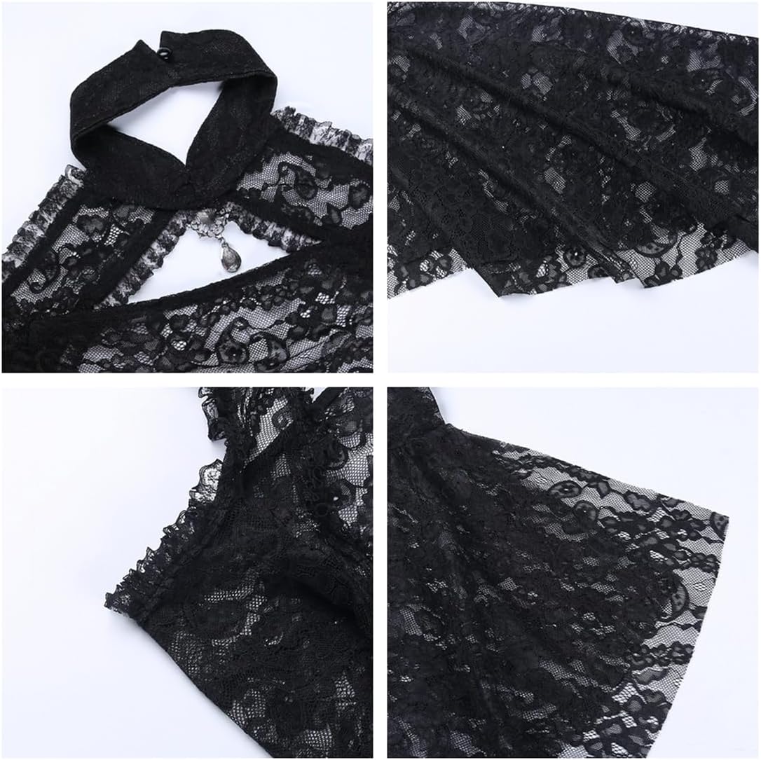 Women's Black Mesh Button Punk Lace Cropped Bolero Shrug Y2K Goth Grunge - Image 5