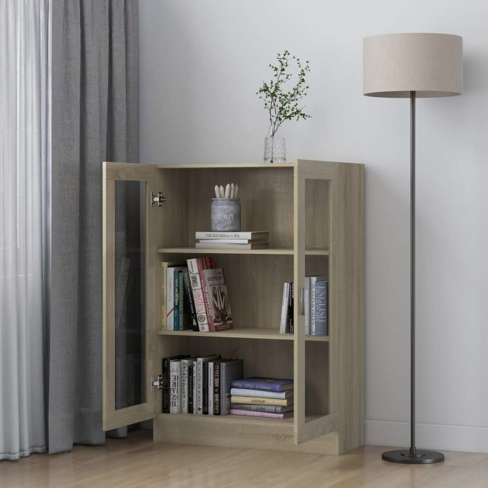 Tidyard Vitrinenschrank Bücherschrank Aktenschrank Büroschrank Bücherregal Schrank für Wohnzimmer, Spanplatte, Glas 82,5 x 30,5 x 115 cm Sonoma-Eiche