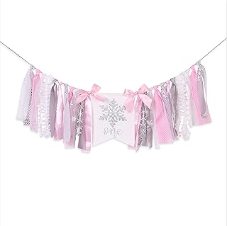 Winter Onederland High Chair Tutu-pink Onederland High Chair Banner, Garland, Snow Princess Theme Party Banner, Snowflake Banner, Pink, Silver, Winter Wonderland Snowflake Design One (Snowflake Banner)