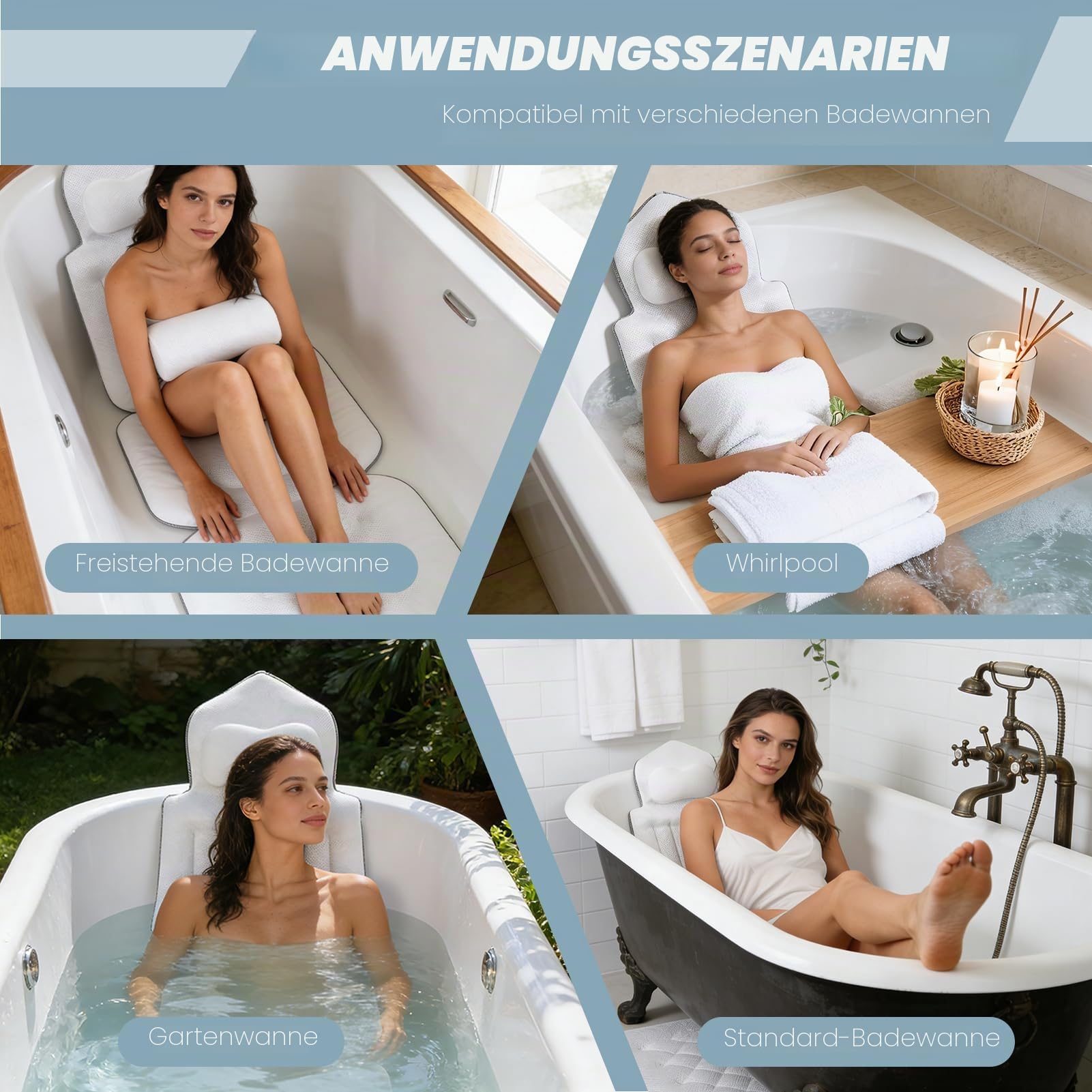 Badewannenkissen mit abnehmbarem Lendenkissen, 144 Saugnäpfen für optimalen Halt, ergonomische Unterstützung für Kopf, Nacken und Rücken für maximale Entspannung (133 x 41 cm)