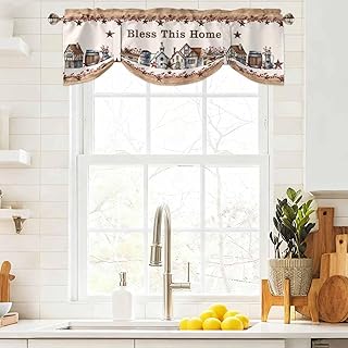 Retro Country Farm Star Wood Grain Tie Up Valances for Windows,Adjustable Curtain Valance,Rod Pocket Light Filtering Window Shade for Kitchen Bathroom Living Room,42x12in,Bless This Home