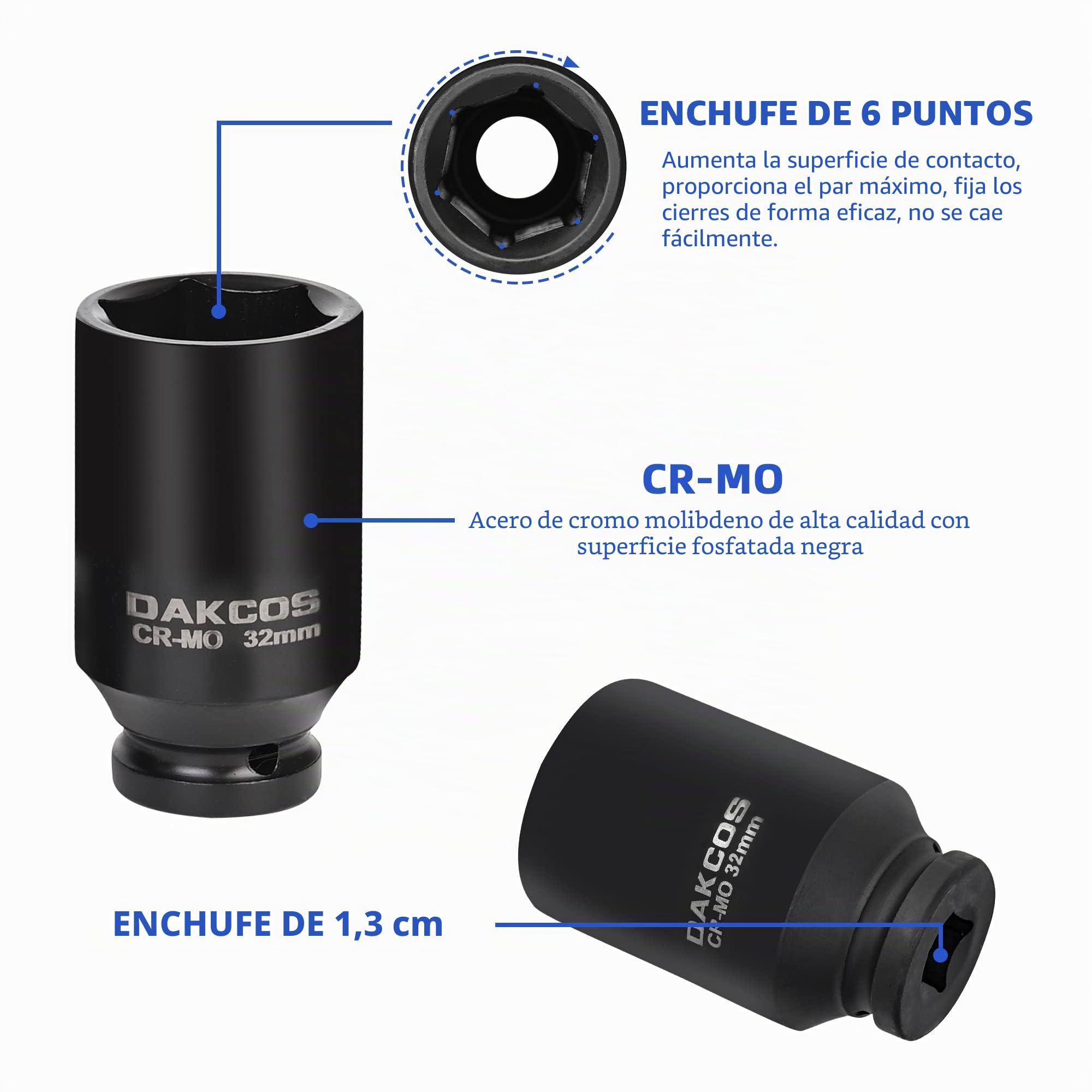 DAKCOS 1/2" Juego 16 Llaves Vaso Impacto 6 Caras, 10-32mm, Acero Cr-Mo | Llave de vaso Kraft, CR-MO