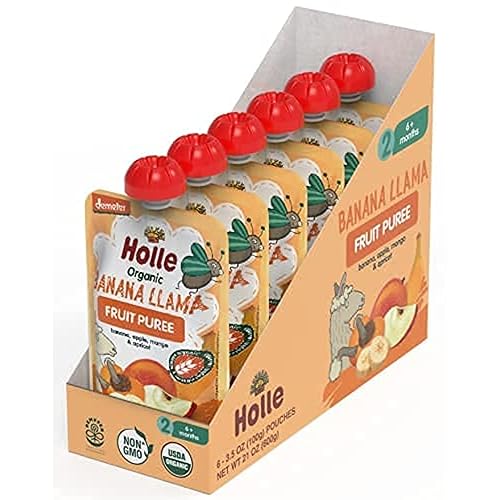 Miniatura 3 de Holle Bolsas orgánicas de comida para bebés, puré de plátano y llama para bebés con plátano, manzana, mango y albaricoque, (paquete de 6) bocadillos