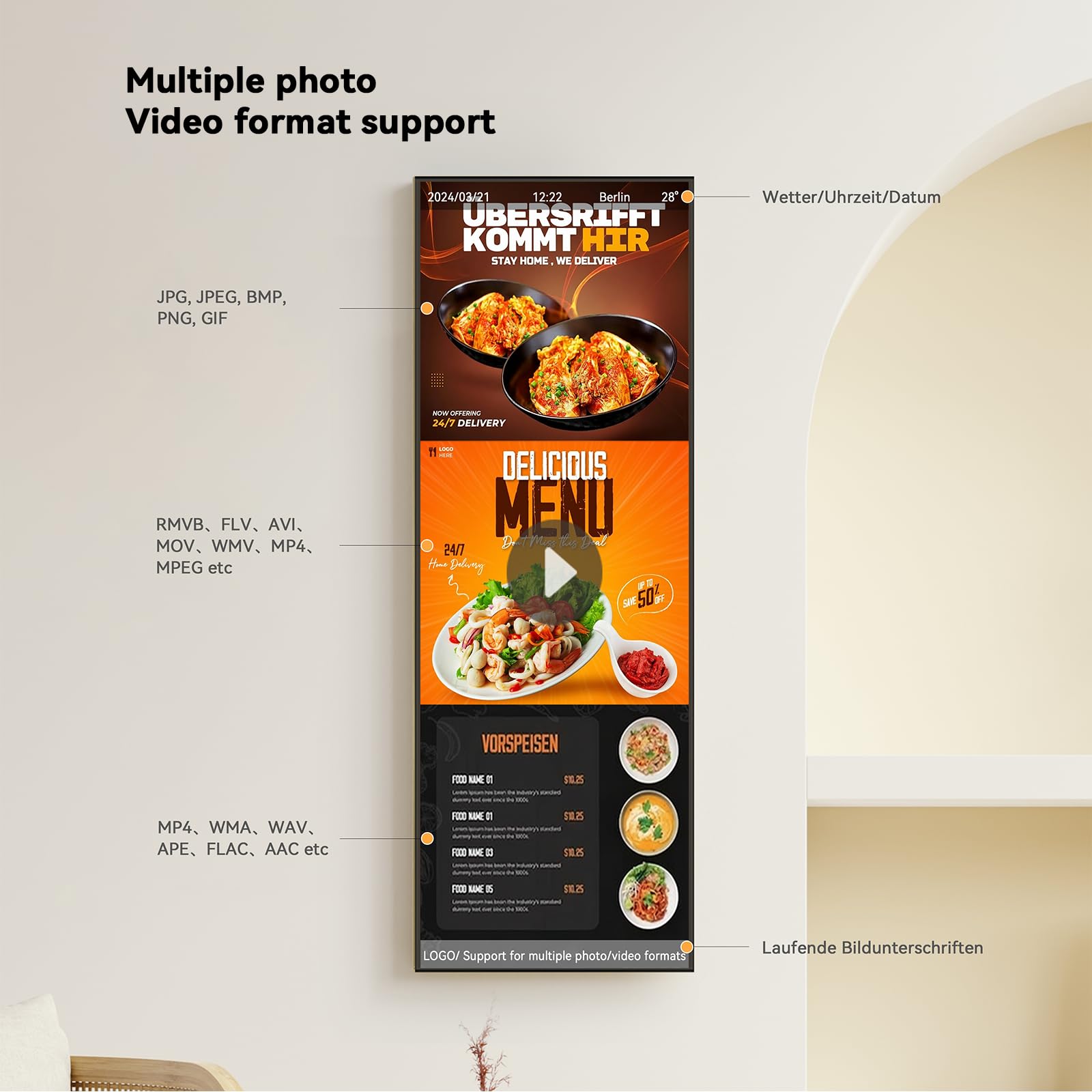 Digital Signage Display 43 Zoll,1000 Nits Stretched Bar Monitor | 4K Digitale Menüboards für Restaurant & Business, ultrabreiter Werbedisplay mit HDMI/WLAN, ideal für Schaufenster und Werbung