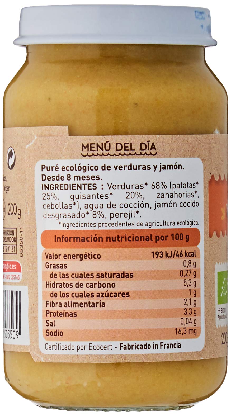 Babybio Potito Verduras Y Jamon 200 Gr 200 Gramos - Linea Menu Tradicion - 400 g