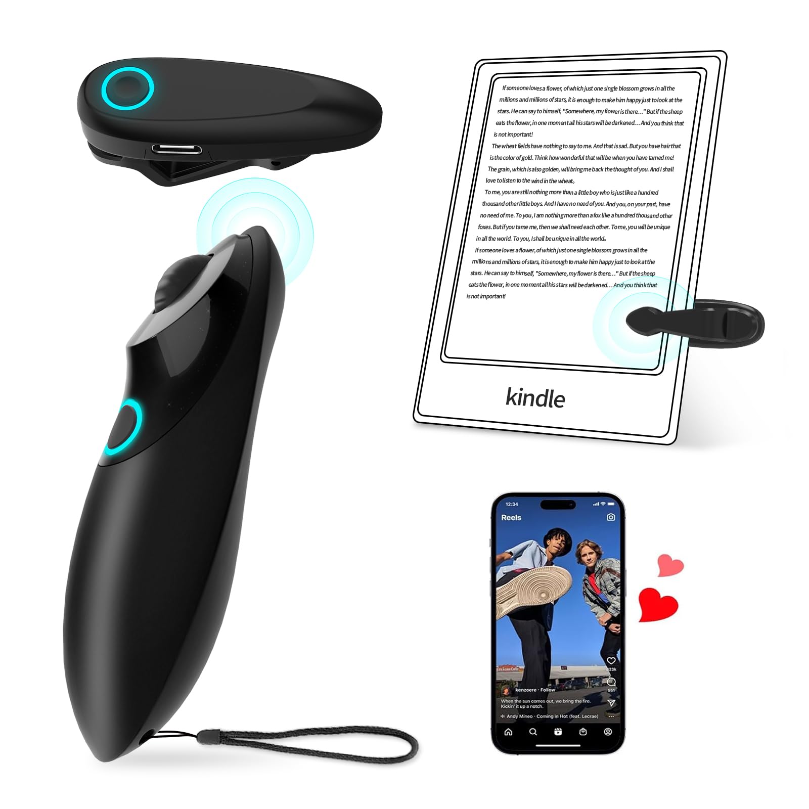 【2024 Upgrade】Remote Control with Scroll Wheel for Kindle Paperwhite/TikTok, E-Book Readers page turner remote/Short Video Controller Compatible with iPhone/iPad/Android, Wrist Strap Included! (Noir)