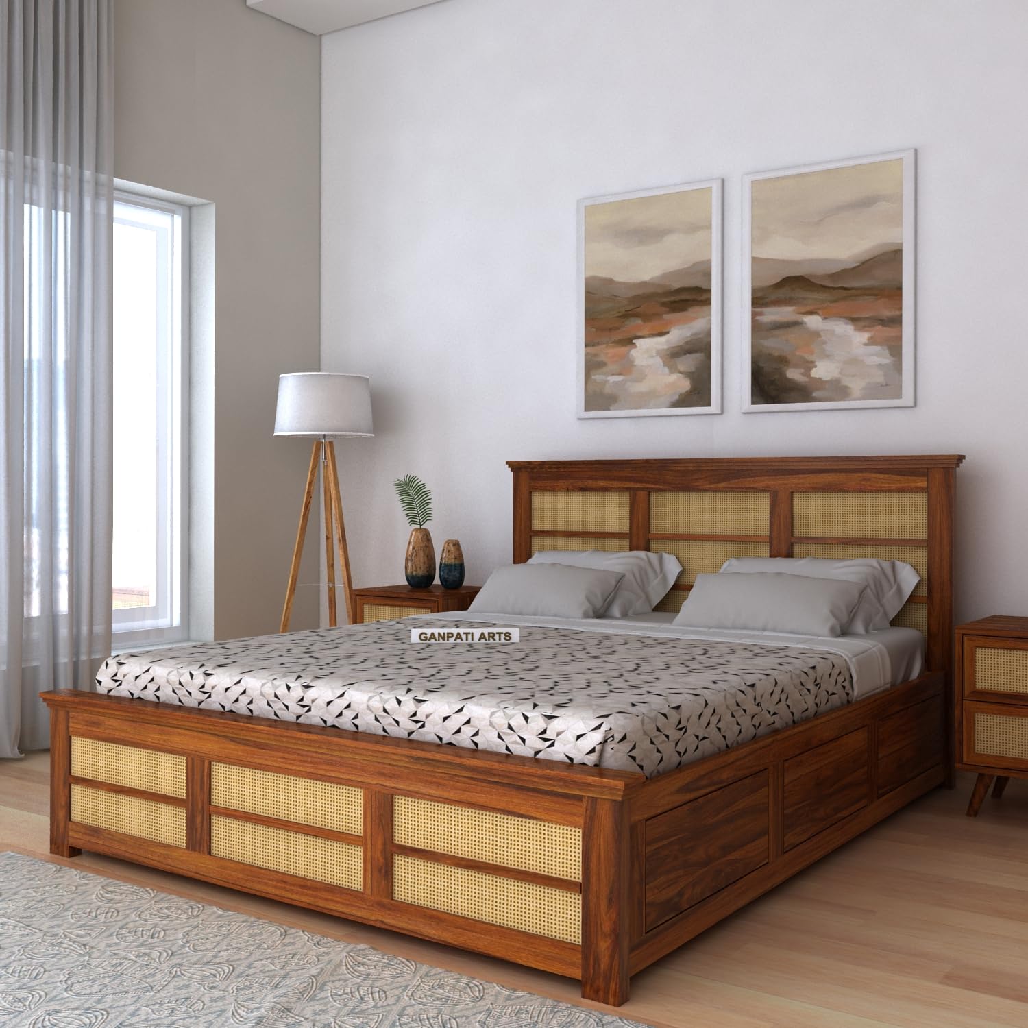 Ganpati Arts Solid Sheesham Wood Queen Size Cane Bed with Box Storage Solid Wooden Double Bed Cot Bed with Box with Headboard (Natural Finish)-image-41