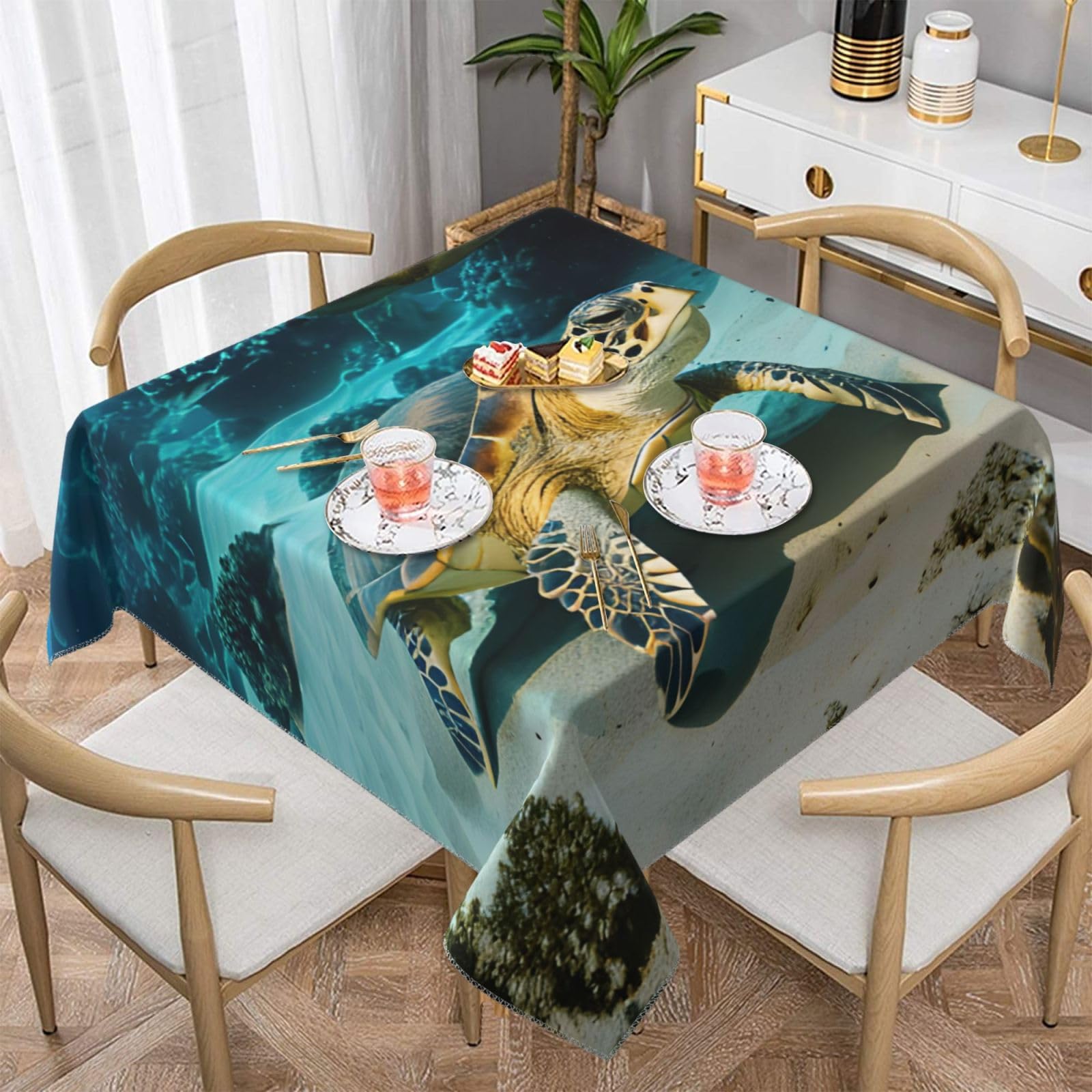 Nappe carrée tortue de mer imprimée anti-plis pour table de fête