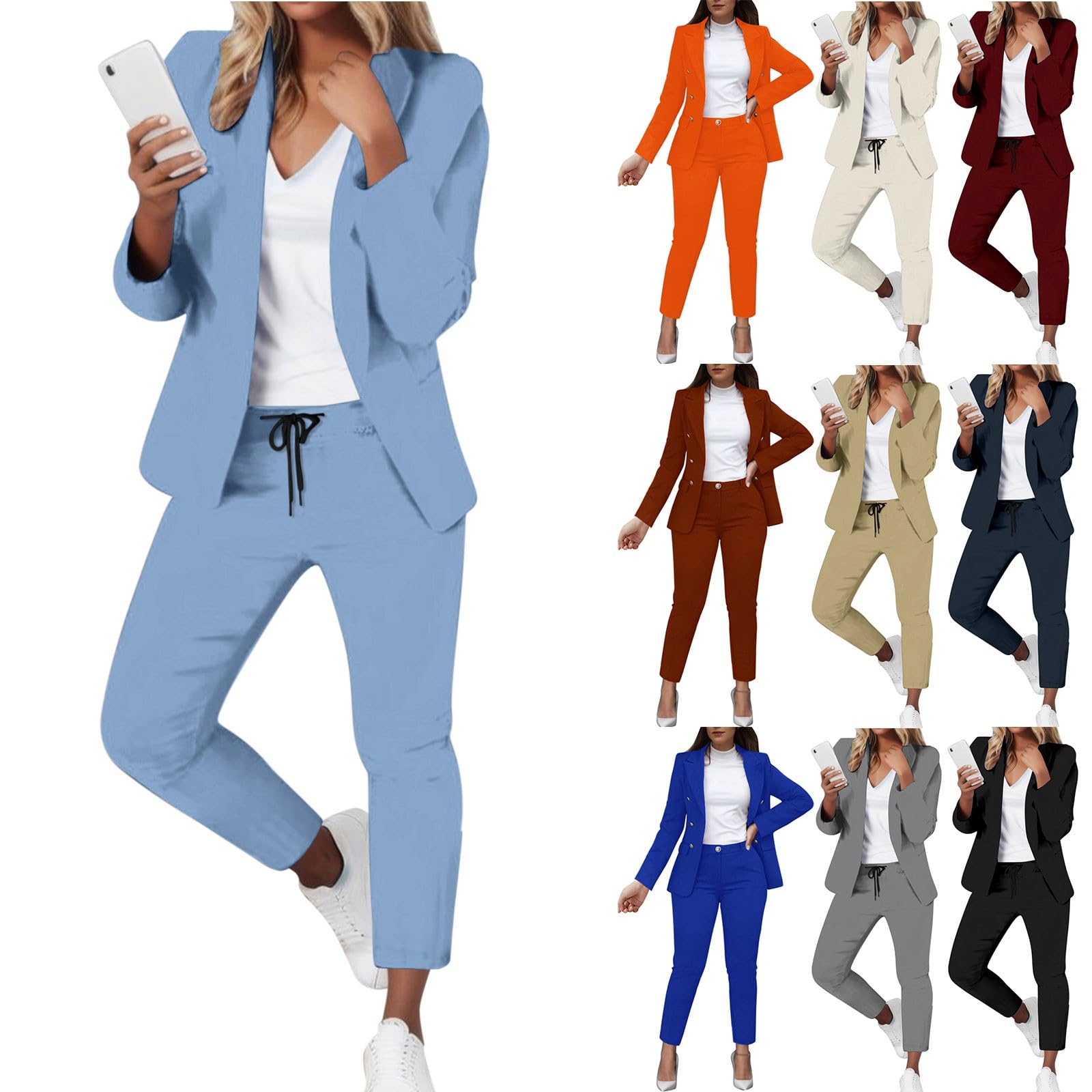 Hosenanzüge Damen hosenanzug damen sportlich Blazer 2-teilig Anzugjacke Karo Einfarbig Anzug Set Slimfit Festlich Damenanzug Freizeitmantel Business Mode Revers Mantel Sportlich Streetwear Elegant