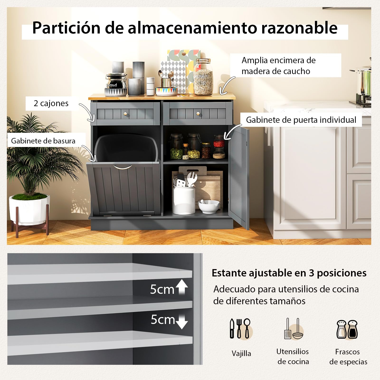 COSTWAY Aparador Auxiliar Armario de Cocina con Soporte para Botes de Basura hasta 42L Mueble de Almacenamiento de Caucho con 2 Cajones y Estante Ajustable Aparador de Cocina para Basura