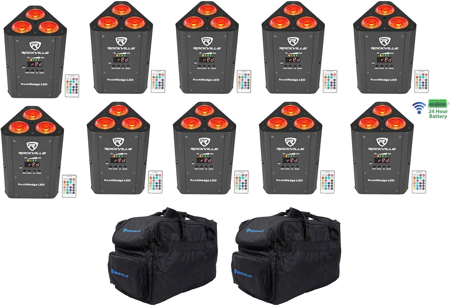 Rockville RockWedge LED Bundle: (10) 54-Watt RGBWA UV Rechargeable Wireless DMX Par Lights, (2) RLB30 Padded Travel Bags for Lights and Accessories, 12-Items
