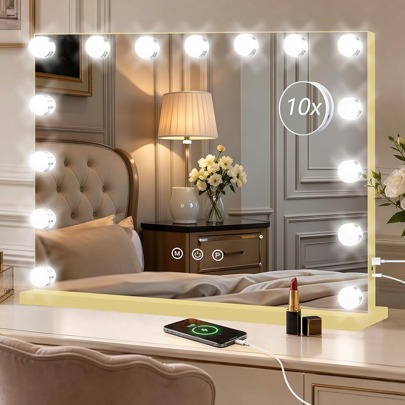Espelho de maquiagem Moonee com luzes, 58,42 cm x 45,72 cm, porta USB, dourado