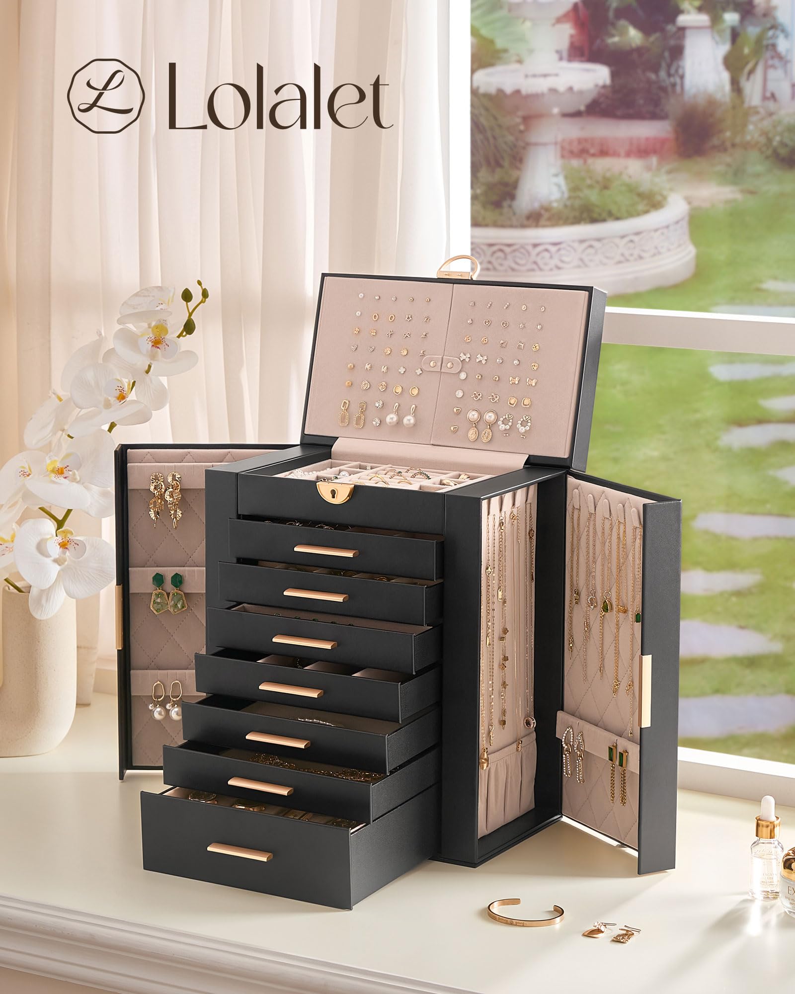 Lolalet Caja Organizadora de Joyas Grande 8 niveles con Espejo Negro | con Cerradura, para Anillos, Pendientes, Pulseras, Collares y Relojes. Ideal para Hogar y Regalos para Mujeres