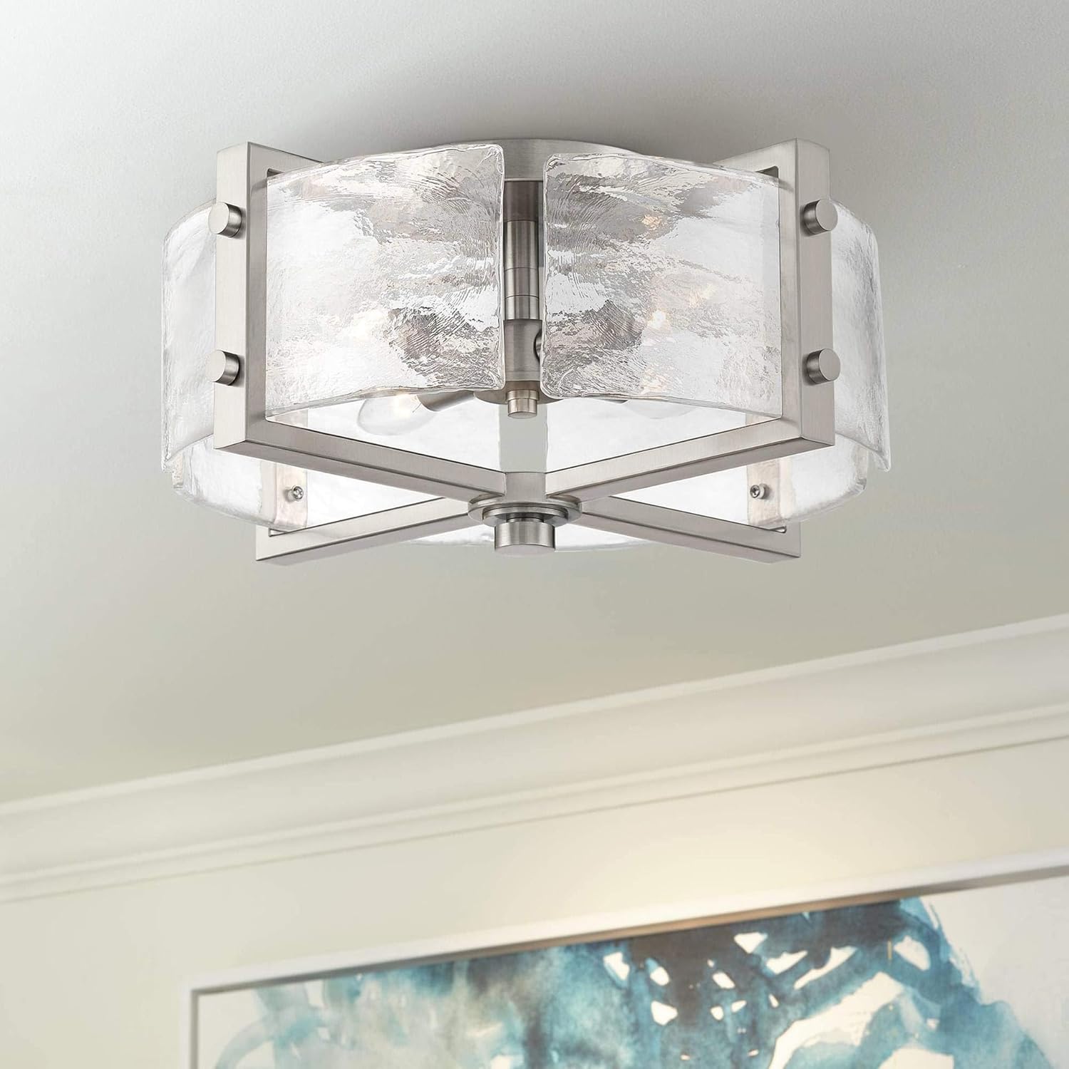 Condition photo showing New/Like New for bofea-modern semi flush mount ceiling light chrome drum light fixture with hand-blown glass shade 4-lights hallway lighting fixtures farmhouse ceiling lights for dining room foyer entryway lamp chromium