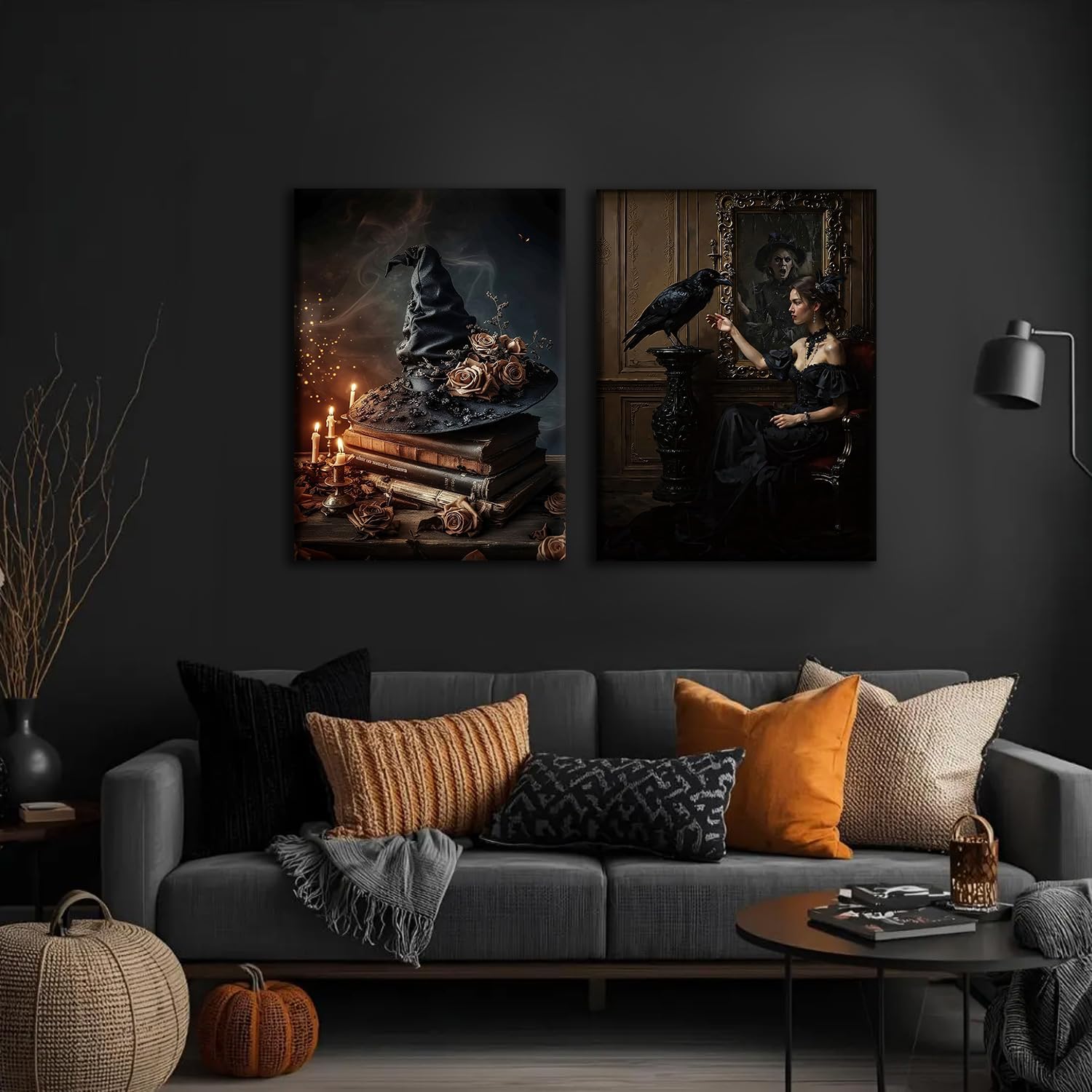 RUURUU 2Pcs Framed Vintage Halloween Canvas Wall Art Creepy Witch Black Crow Wizard Hat Pictures Wall Decor Horror Artwork Gothic Spooky Castle Posters Paintings Prints for Bedroom Home Décor 16x24in