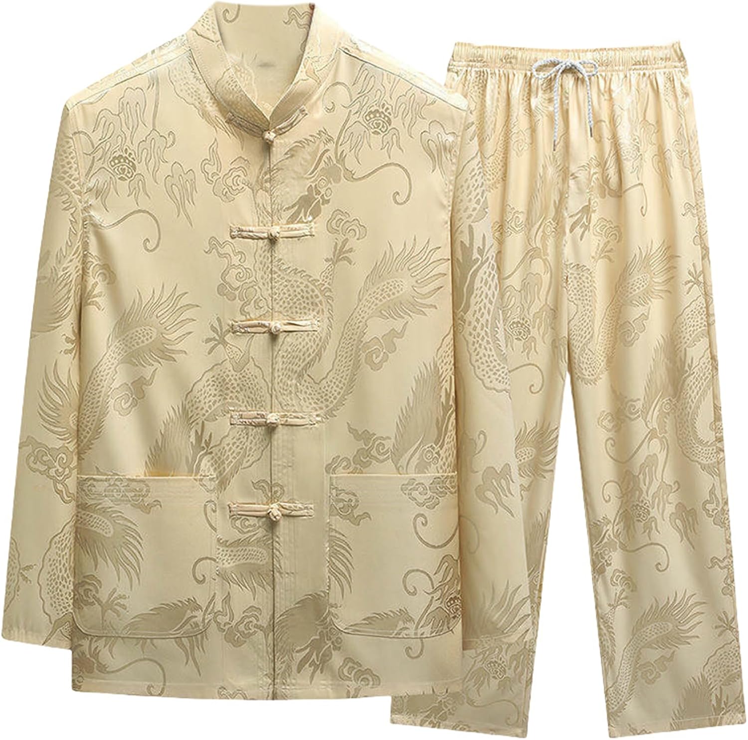 Men's Spring Ice Silk Tang Suit Long Sleeve Casual Chinese Style Loose Hanfu Set