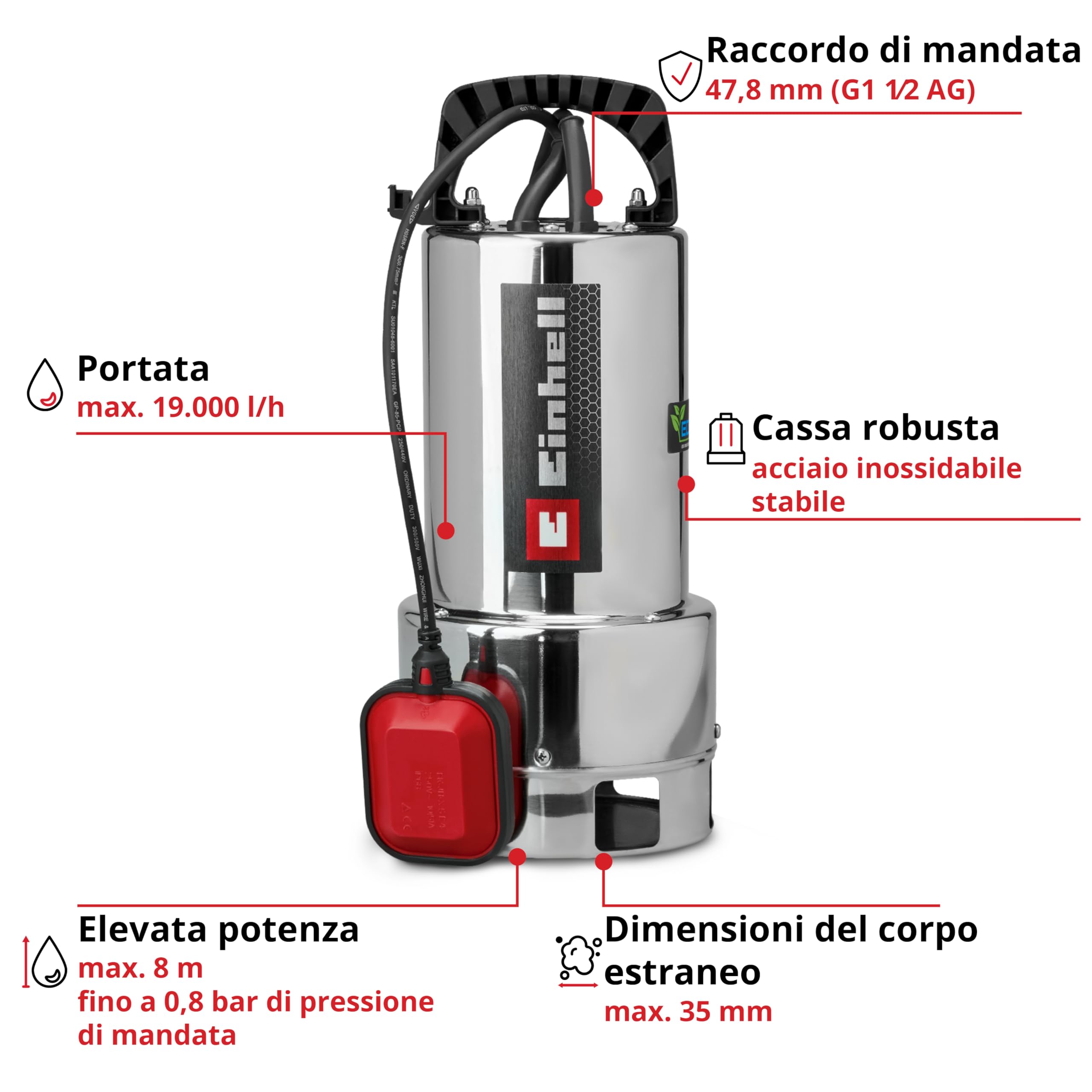 Pompa da giardino Einhell GC-DP 1170 ECO PLUS (700 W, portata max. 19.000 l/h, prevalenza max. 8 m, tecnologia ECO PLUS, coclea di scarico dell'acqua, adattatore universale 35 mm incluso)