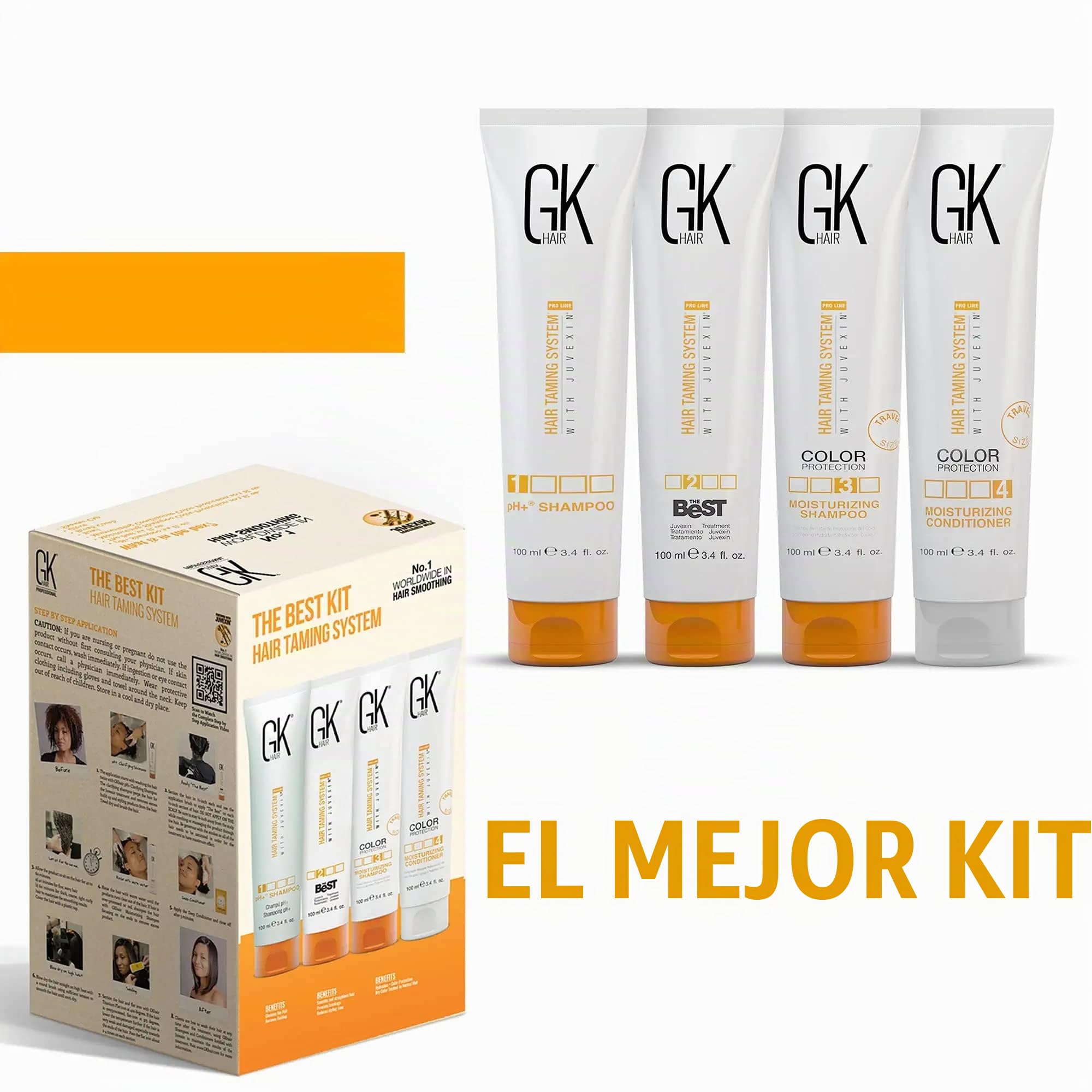 GK HAIR Global Keratin The Best Consumer Box Kit (100ml / 3.4 Fl Oz) Kit de tratamiento de alisado de queratina y alisado brasileño para un cabello natural sedoso y sin encrespamiento