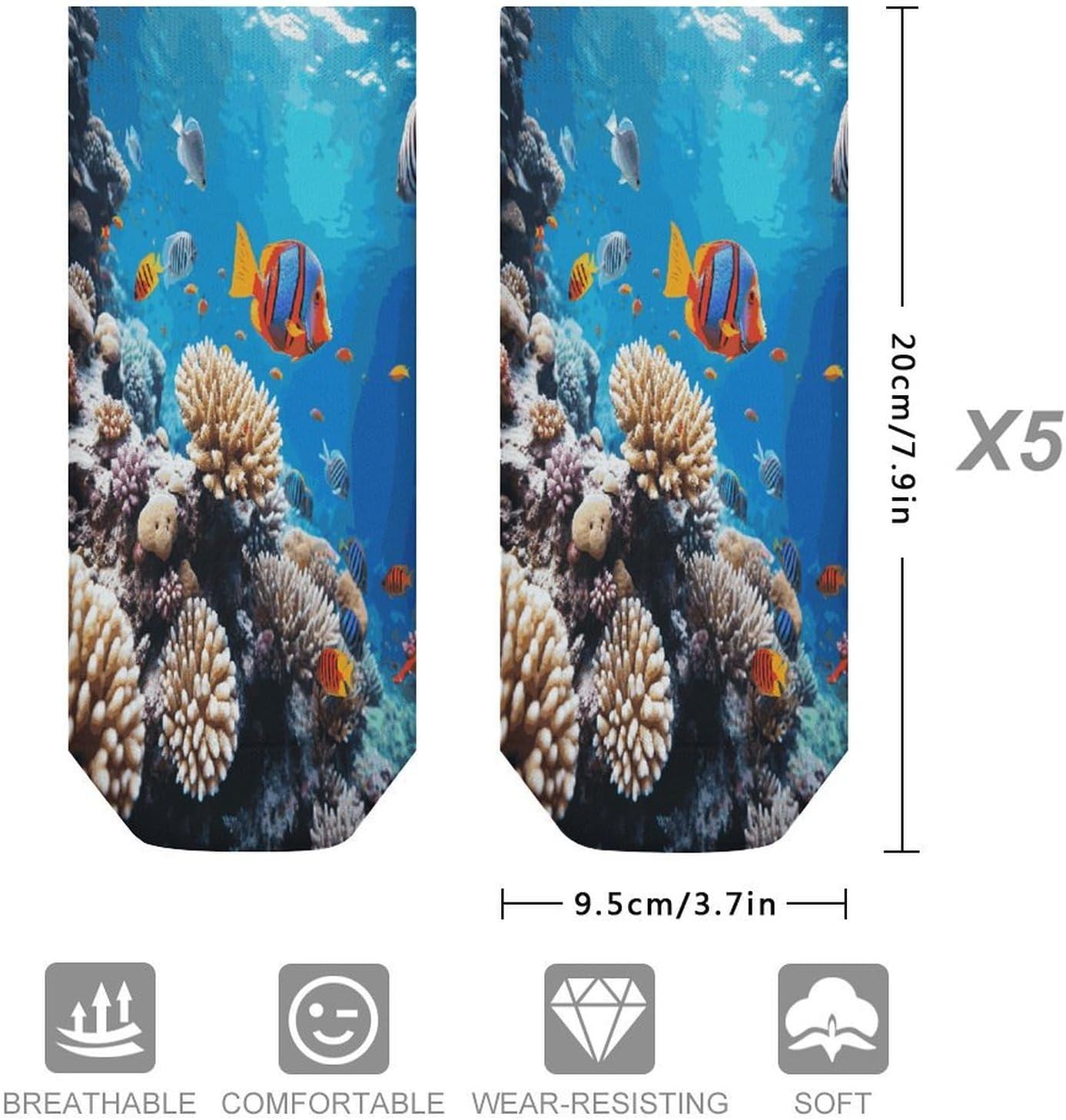 Ocean Tropical Fish Coral Ankle Socks for Men Women 5 Pairs | Comfortable Casual Low Cut Socks, Lightweight No Show Breathable Athletic Socks, Soft Mini Crew Socks for All Seasons