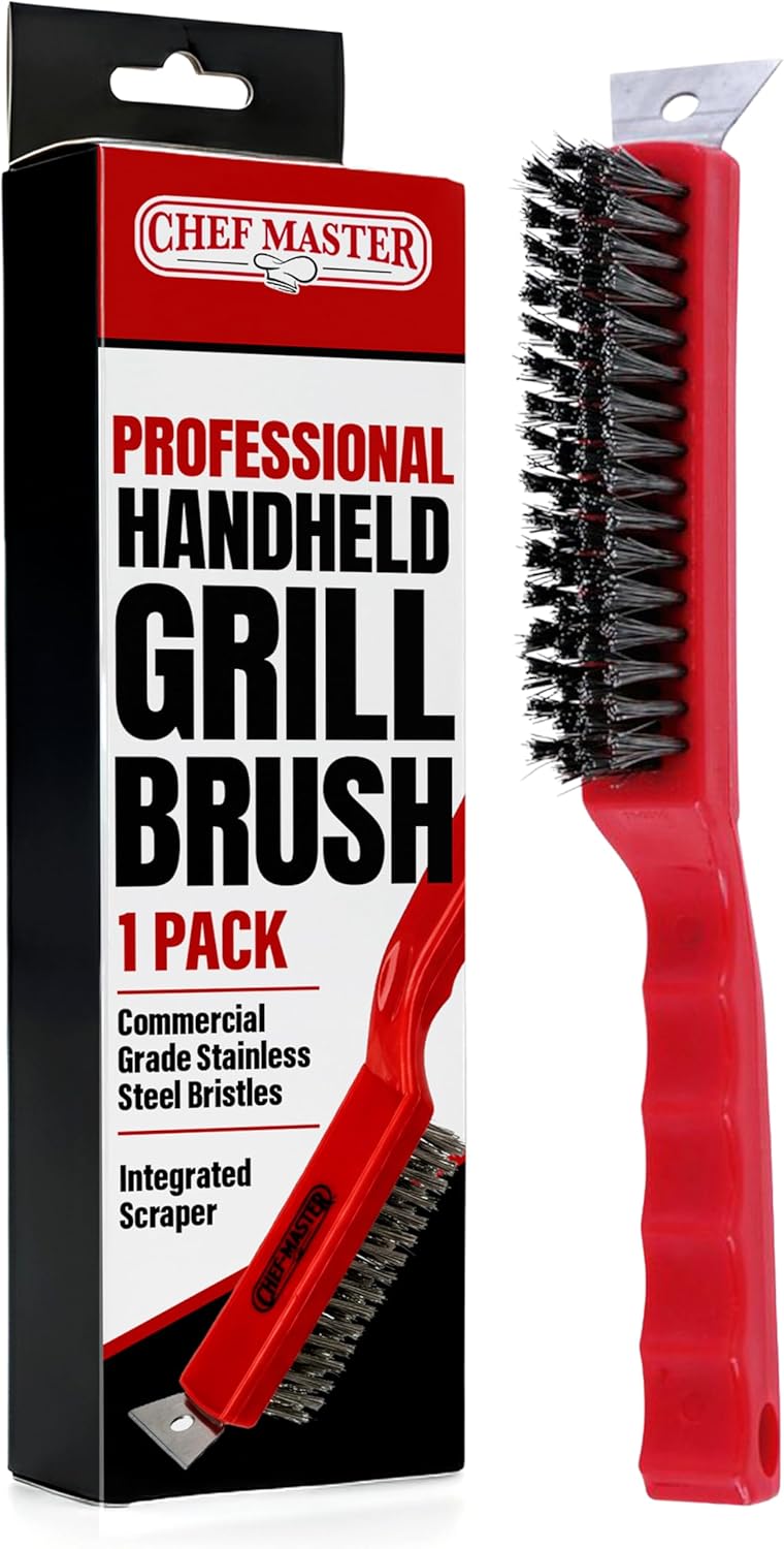 Chef Master 90044 Heavy Duty Grill Brush & Scraper - Wire Bristles, Ergonomic Handle for Easy BBQ Grill Cleaning & Camping
