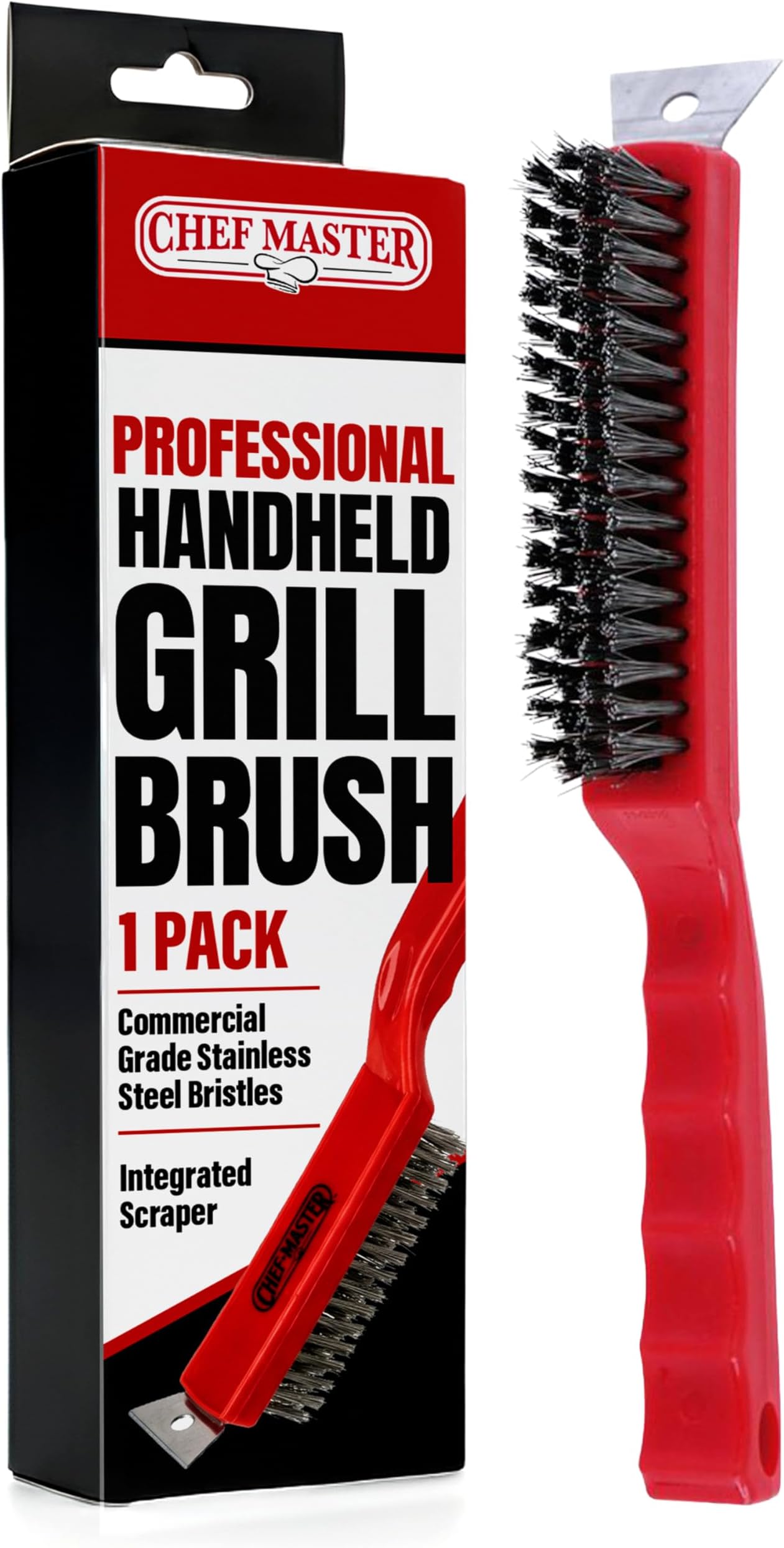 Chef Master Grill Brush with Scraper Head – Heavy-Duty Wire Bristle Cleaner - Grill Barbecue Cleaner for Outdoor - Ergonomic Handle, Outdoor BBQ Tool & Accessories - 90044